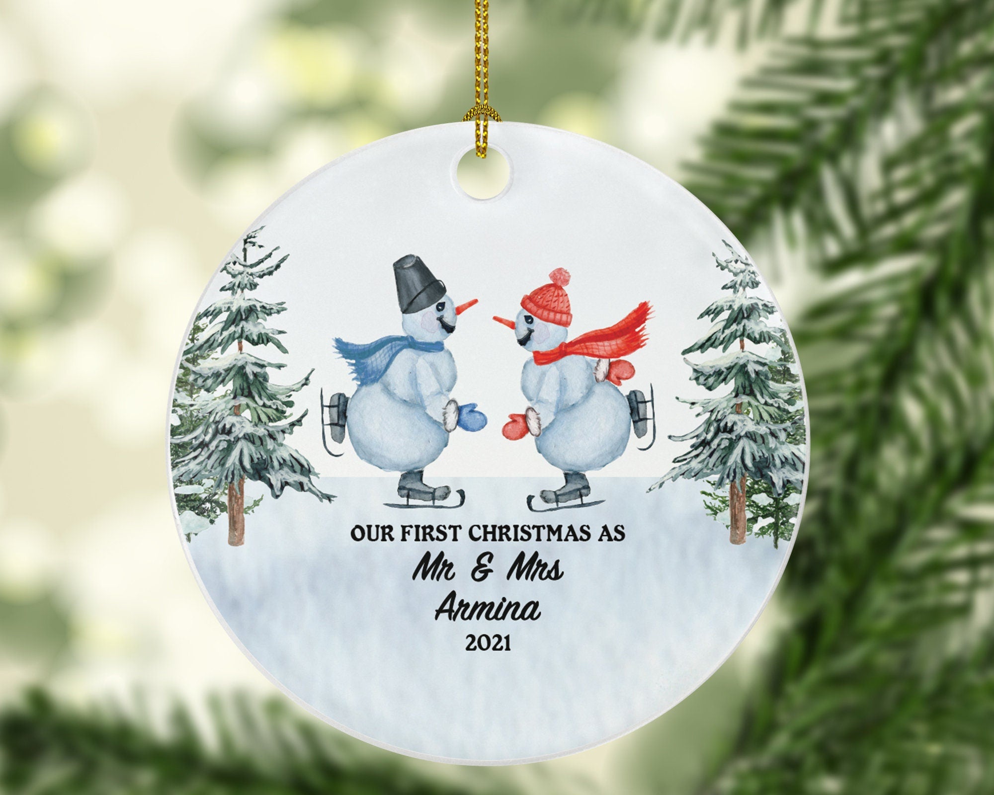 First Christmas as Mr & Mrs Married Couple Christmas Ornament Personalized - Newlywed Mr. and Mrs. Wedding Gift - Snowmen
