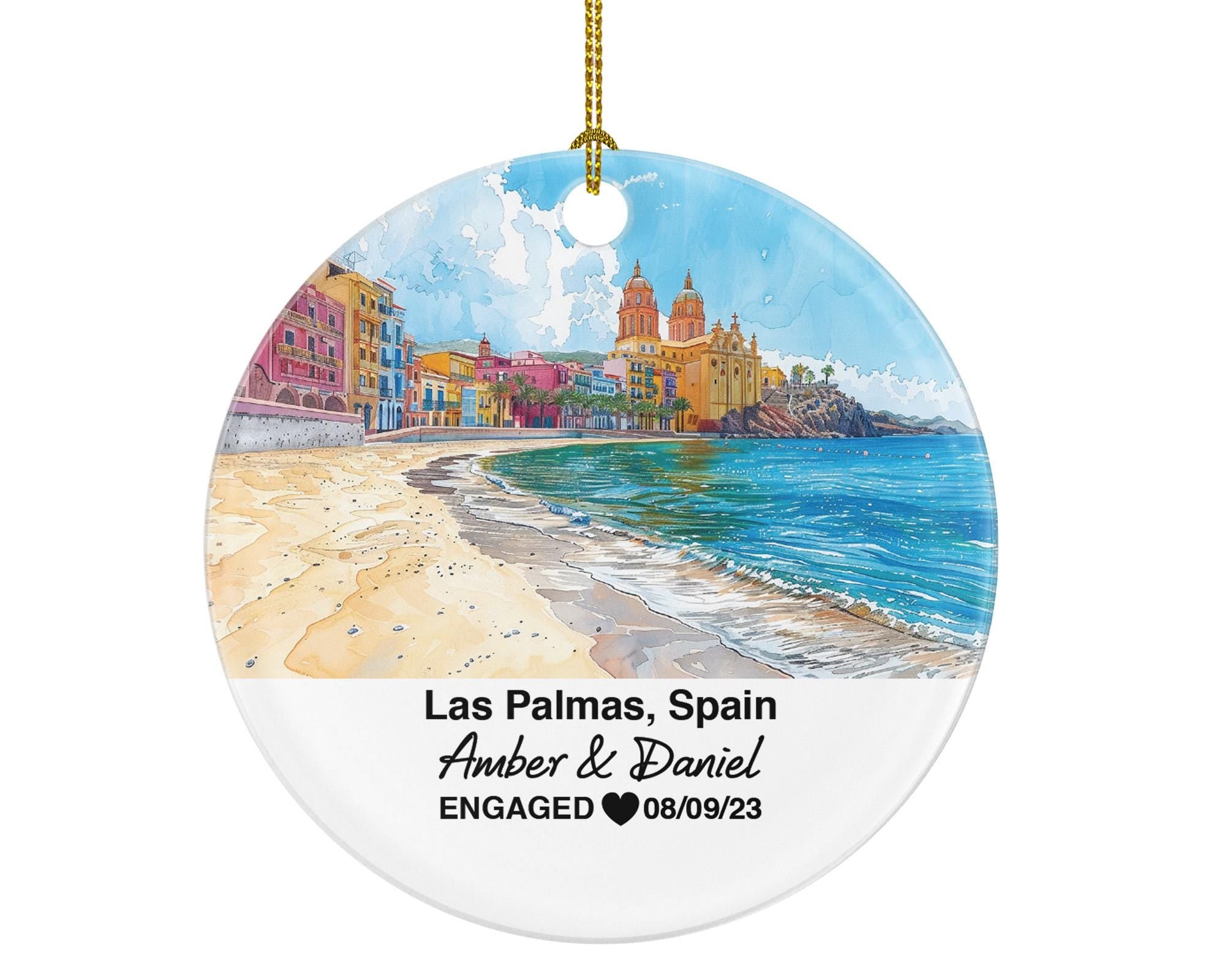 Las Palmas Spain Round Ceramic Christmas Ornament – Personalized Holiday Keepsake, Custom Couple Gift for Wedding or Honeymoon