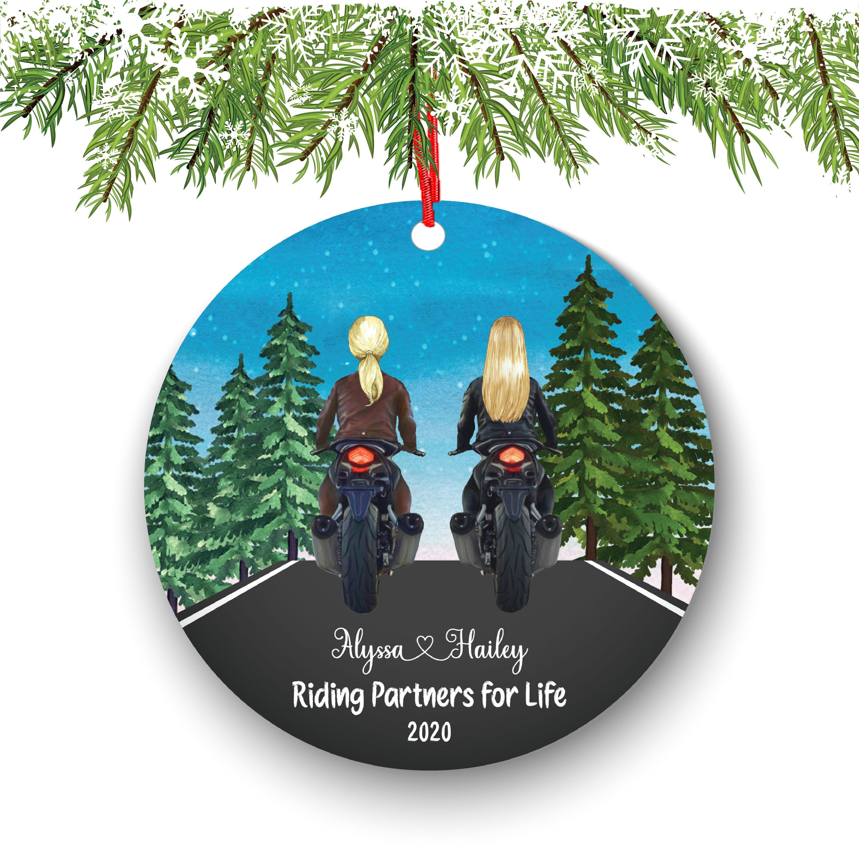 Biker Motorcyclist Personalized Christmas Ornament Motorcycle Rider Girl Female Friends Ride Live Watercolor Dirt bike Motocross Besties
