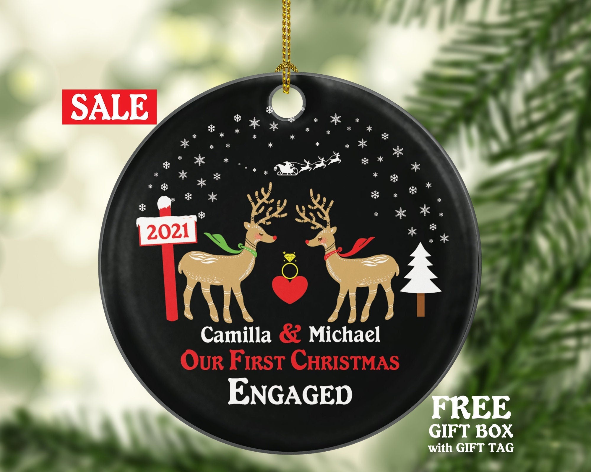 Personalized Engaged Christmas Ornament - Engagement Couple Gift Our First Future Husband Wife Newly Just She Said Yes Deer Reindeer Name