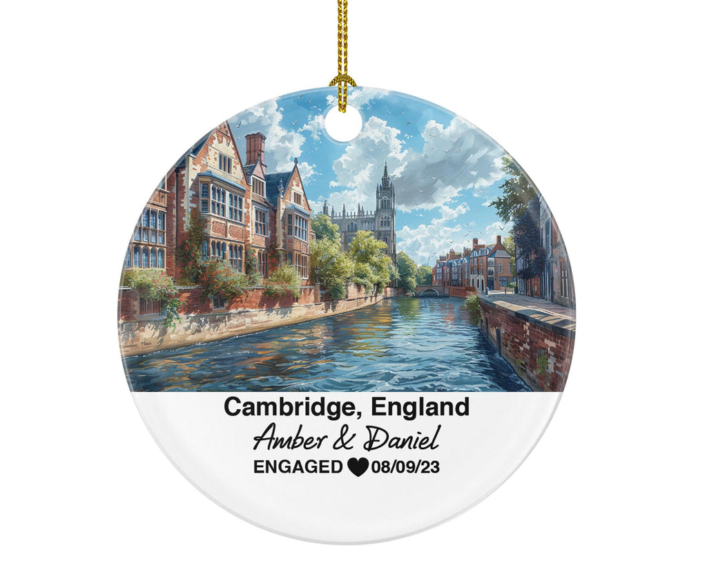 Cambridge England Round Ceramic Christmas Ornament – Personalized River Cam Keepsake, Custom Couple Gift for Wedding or Honeymoon