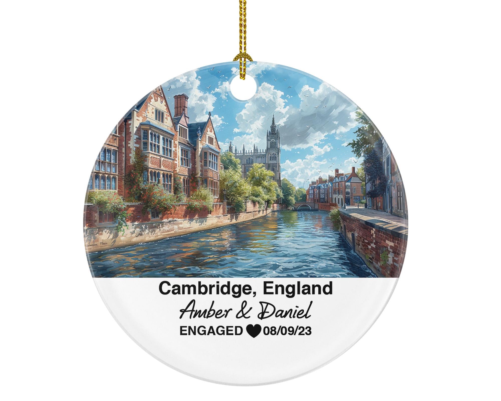 Cambridge England Round Ceramic Christmas Ornament – Personalized River Cam Keepsake, Custom Couple Gift for Wedding or Honeymoon