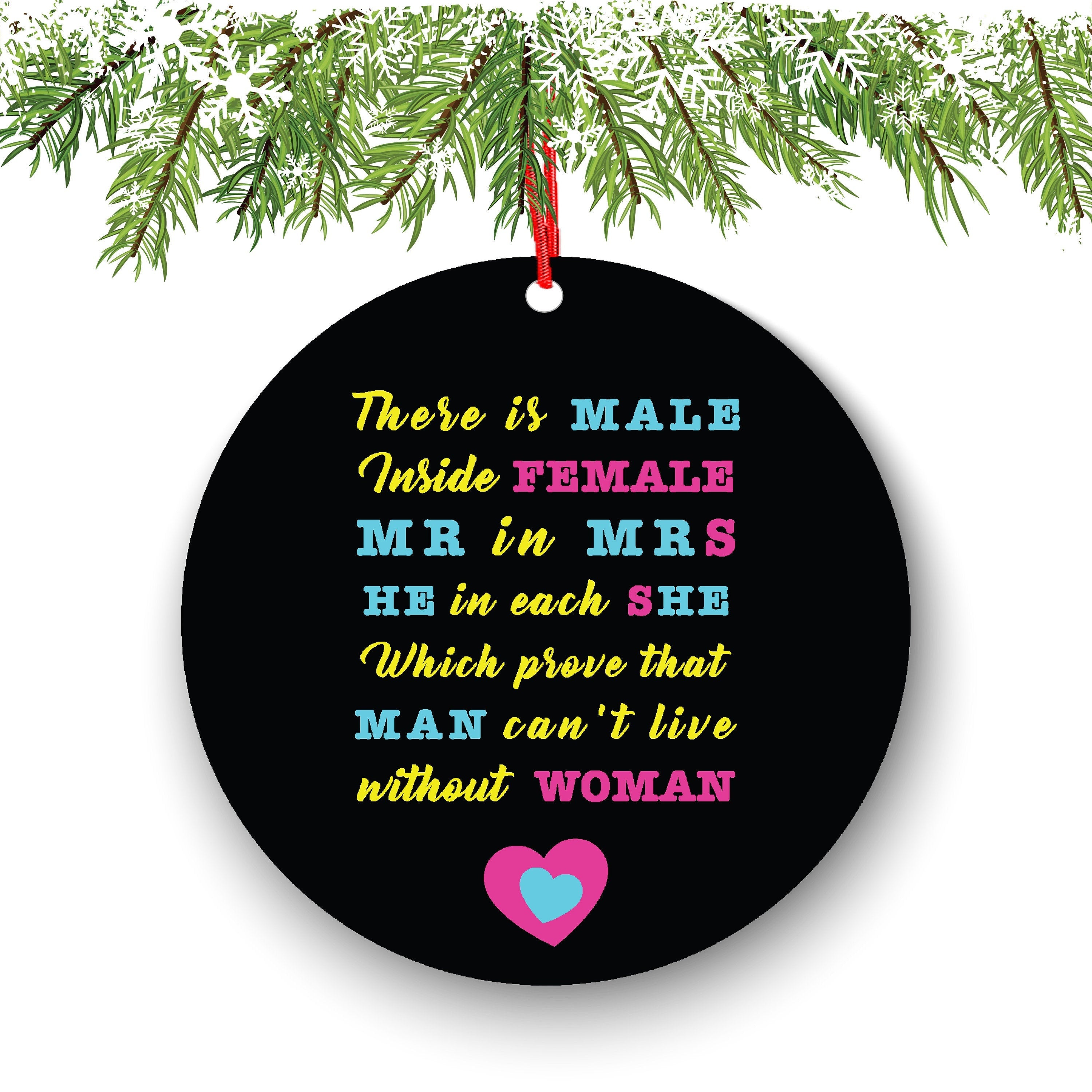There is Male Inside Female Mr in Mrs He in Each She Funny Christmas Ornament - Funny Christmas Ornaments - Unique Ornaments - Free Gift Box