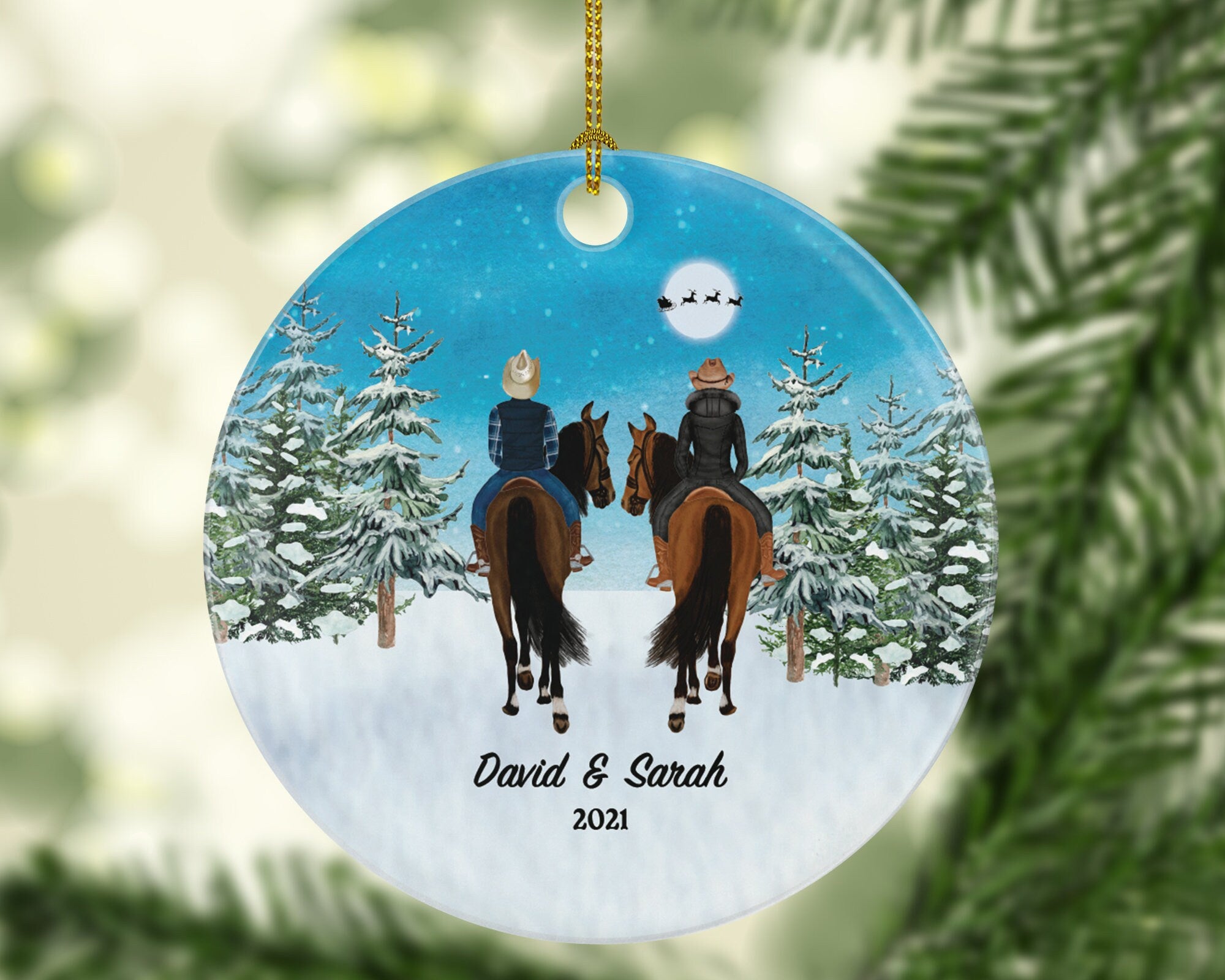 Riding a Horse Rider Christmas Ornament Personalized | Lover Gift on a Horse Male and Female Couple Custom Names Boy and Girl