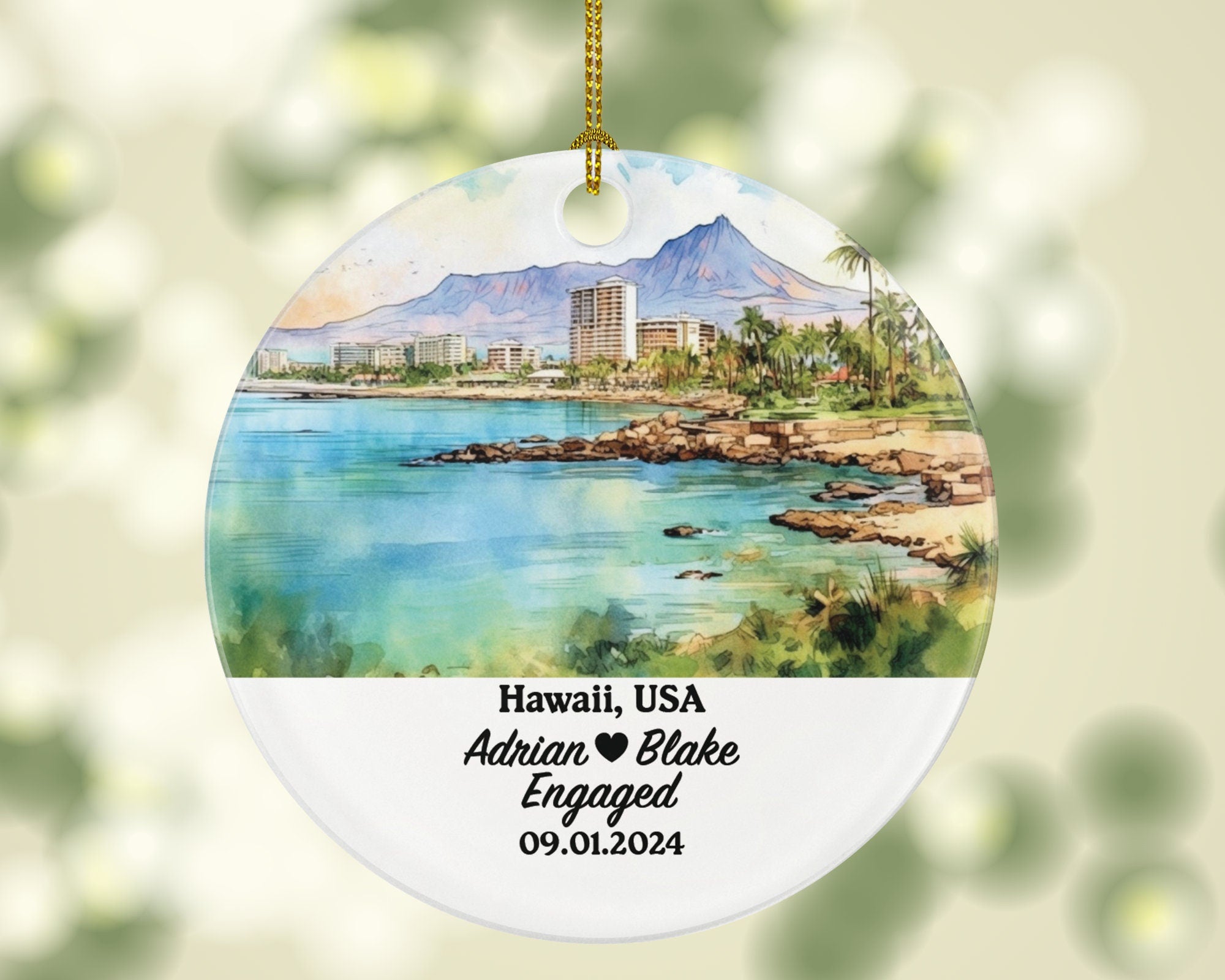 Hawaii Christmas Ornament Personalized - HI Engaged Married Family Together Couple Travel Honeymoon Engagement Marriage