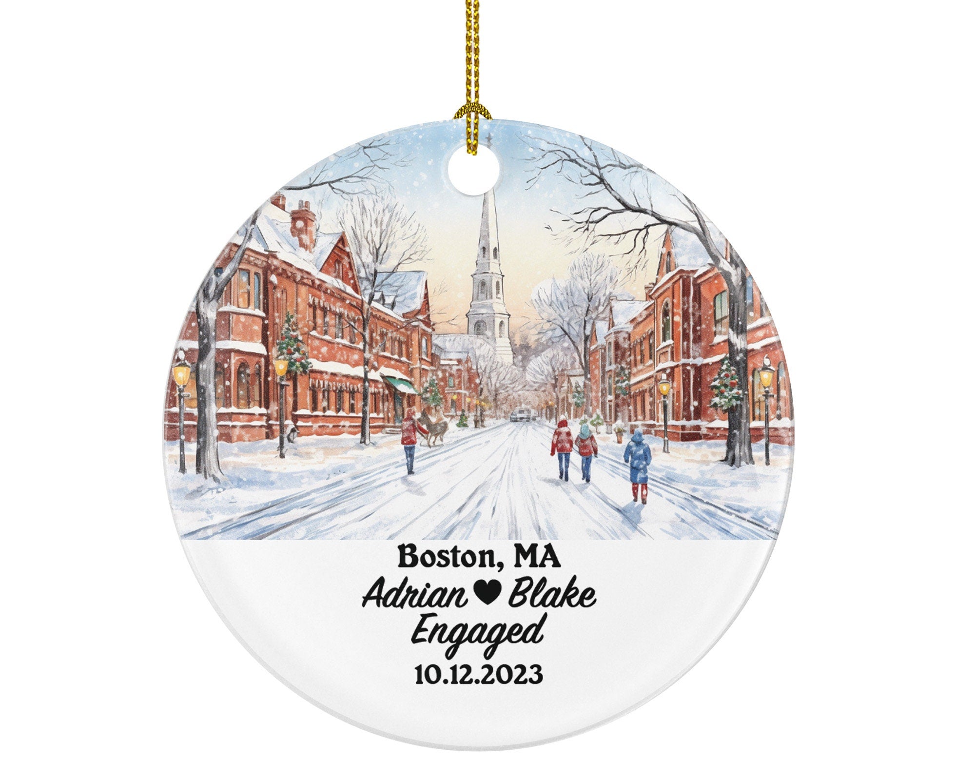 Boston MA Christmas Ornament Personalized - Engaged Married Family Together Couple Travel Honeymoon Wedding Engagement Marriage