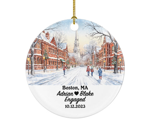 Boston MA Christmas Ornament Personalized - Engaged Married Family Together Couple Travel Honeymoon Wedding Engagement Marriage