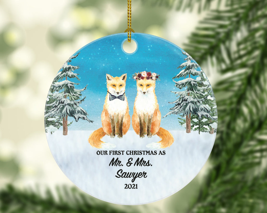 First Christmas as Mr & Mrs Ornament - Just Married Newlywed Wedding Personalized Gift Bride Groom Fox Couple Mr. and Mrs. Present