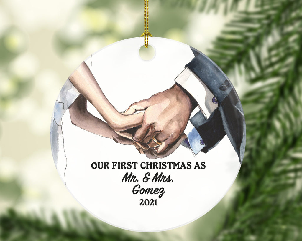 Our First Christmas as Mr & Mrs Couple Personalized Ornament - Newlywed Mr. and Mrs. Wedding Couple Hands Just Married Marriage Gift