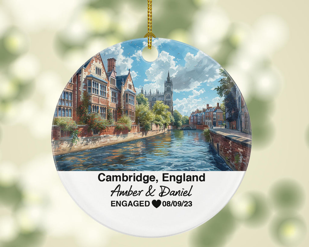 Cambridge England Round Ceramic Christmas Ornament – Personalized River Cam Keepsake, Custom Couple Gift for Wedding or Honeymoon