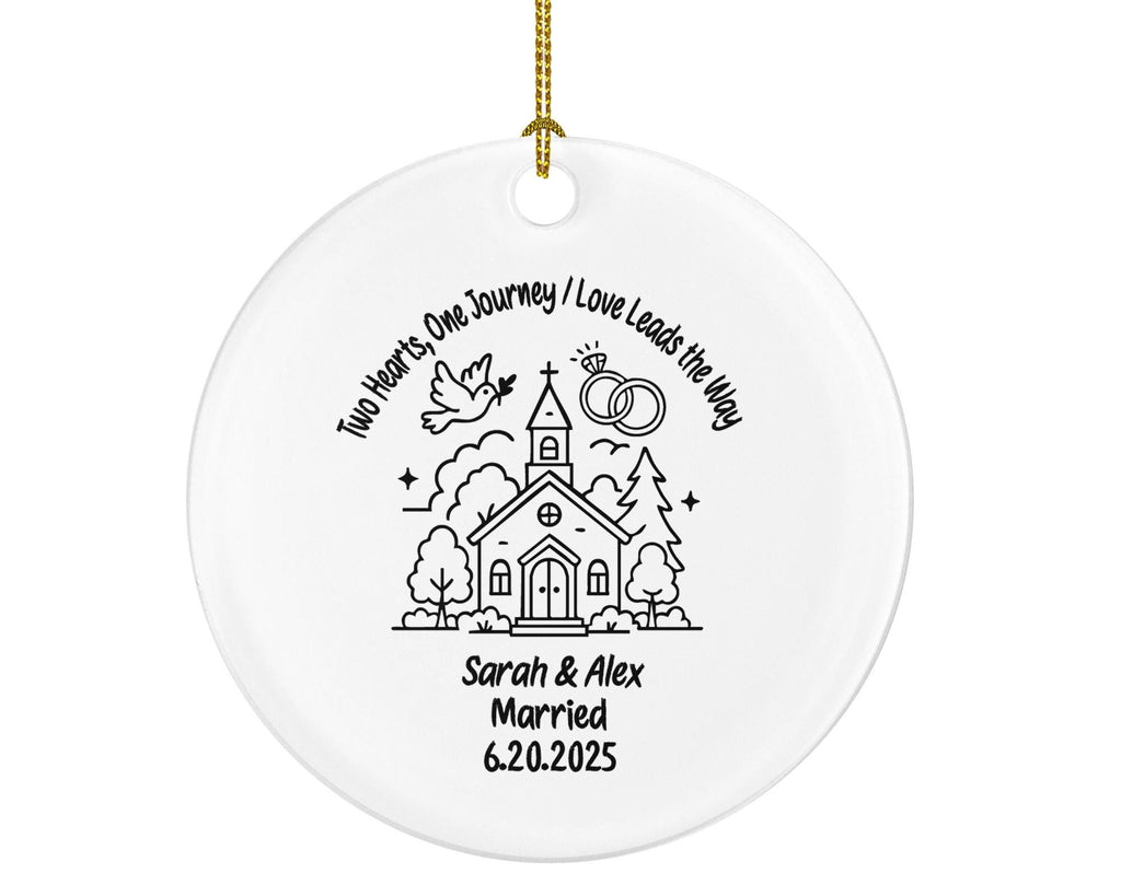 Minimalist Line Art Wedding Ornament – Personalized Married Couple Gift, Chapel Church Illustration, Custom Names & Date Keepsake