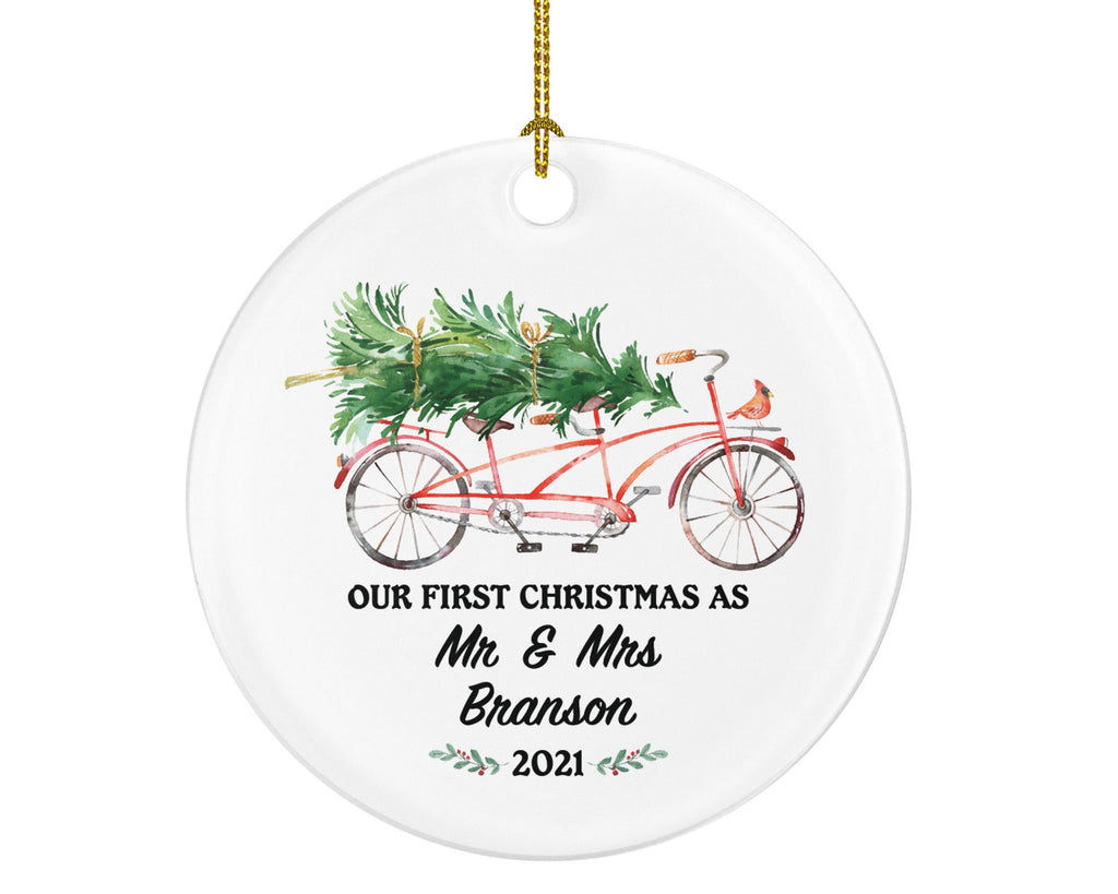 Personalized Mr & Mrs Christmas Ornament - Tandem Bicycle Couples Wedding Newlywed Gift Just Married Newly Wed Custom Bride Groom