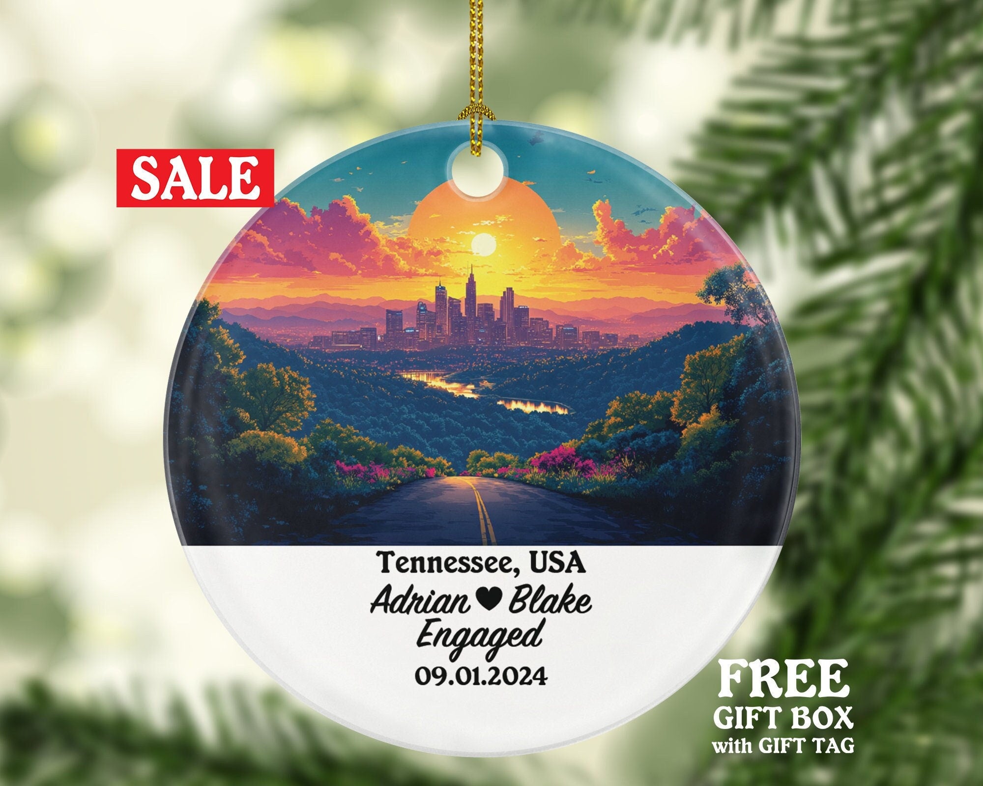 Tennessee Christmas Ornament Personalized - TN Engaged Married Family Together Couple Travel Honeymoon Engagement Marriage