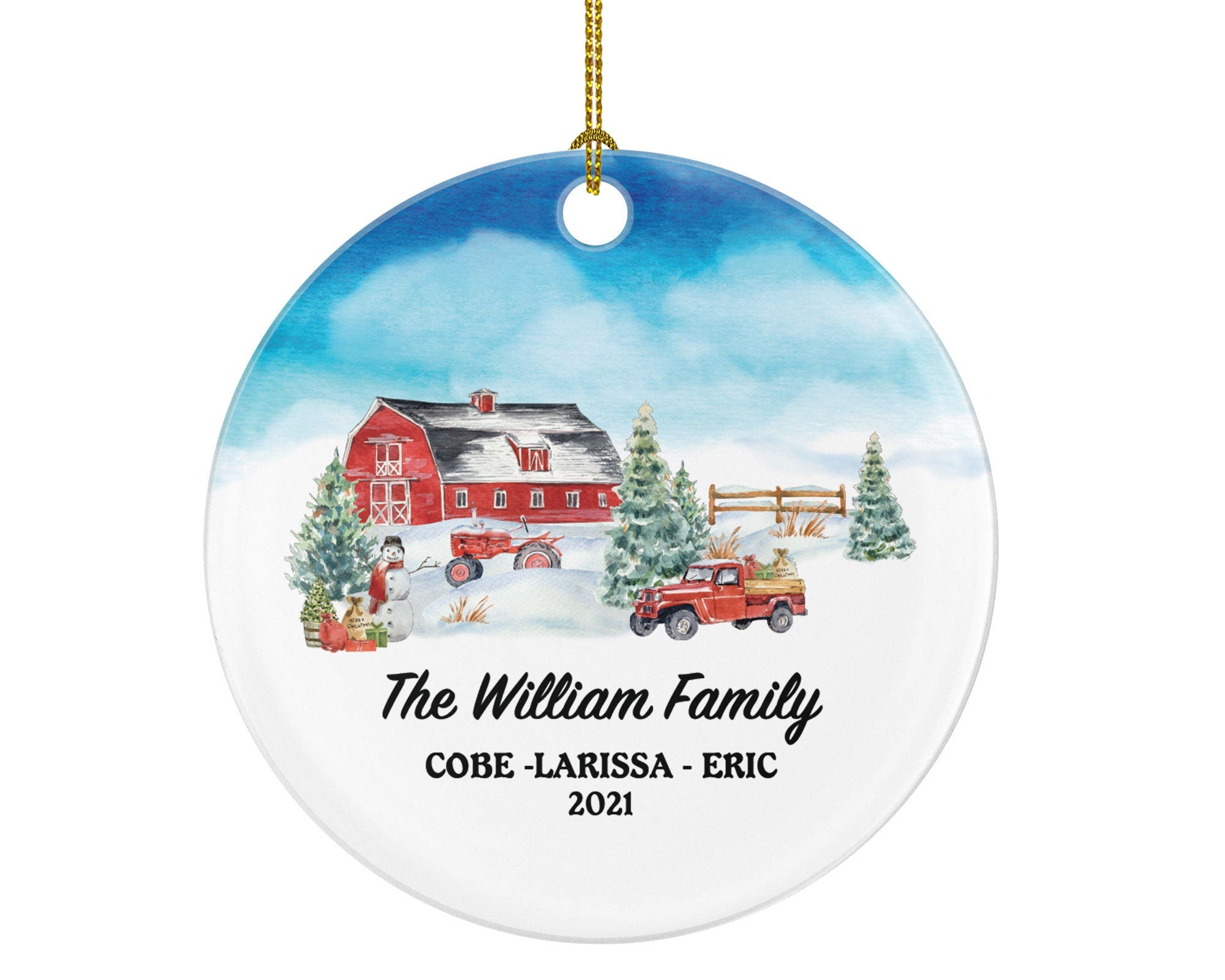 Christmas Red Tractor Barn Farmer Family Ornament Farmhouse Decor Personalized Gift Farmer Home Kids Custom Names Watercolor Ornament Farm