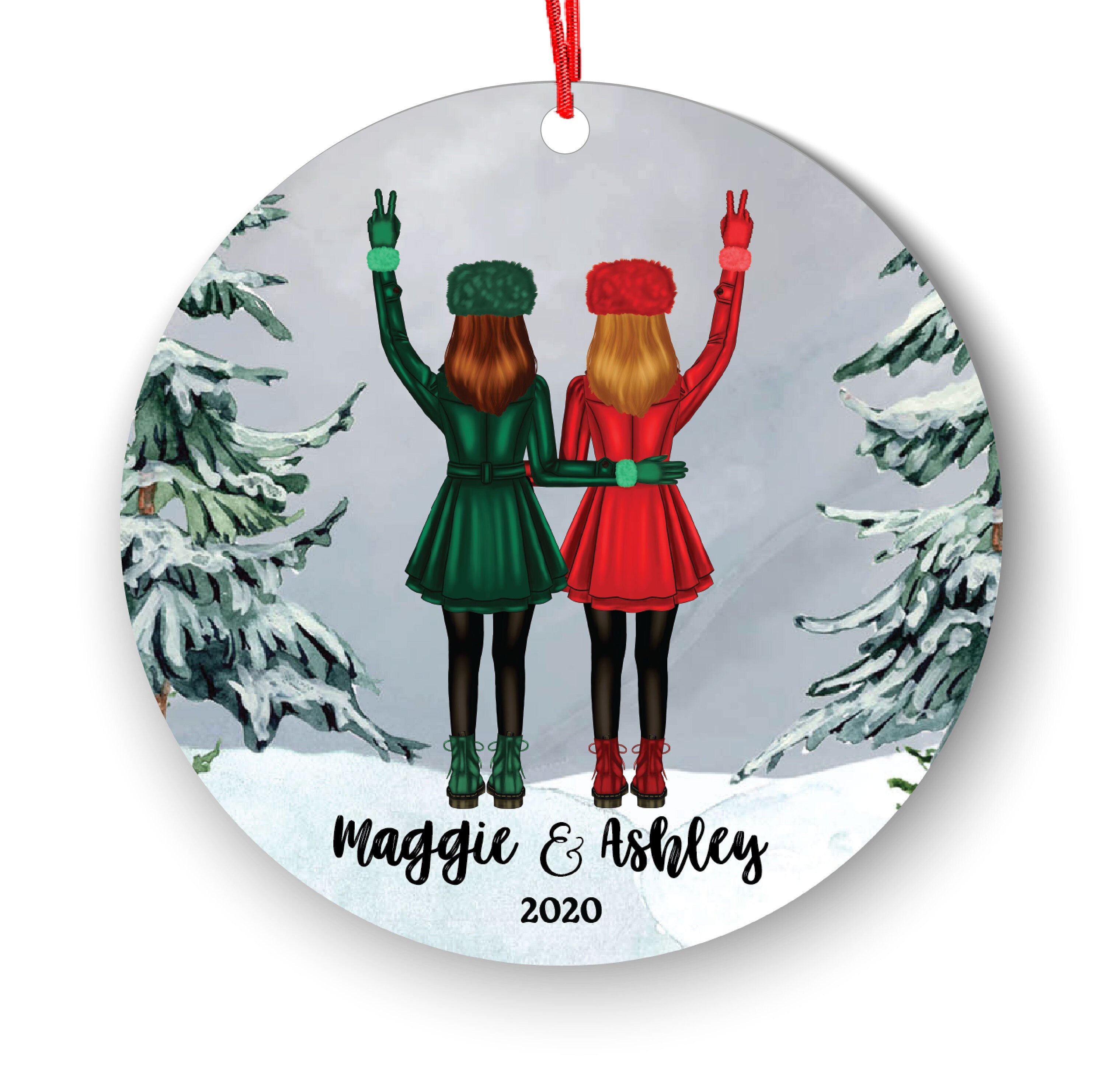 Soul Sisters for 2 Best Friends Christmas Ornament Personalized BFF Gift Custom Female Friends Besties Portrait Snow Forest Girl My Person