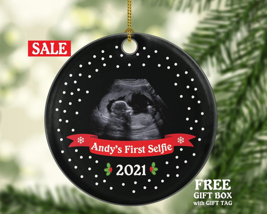 Baby's First Selfie Sonogram Photo Pregnancy Announcement Ornament - We're Were Expecting Christmas New Baby Girl Boy Pregnant Parents Gift