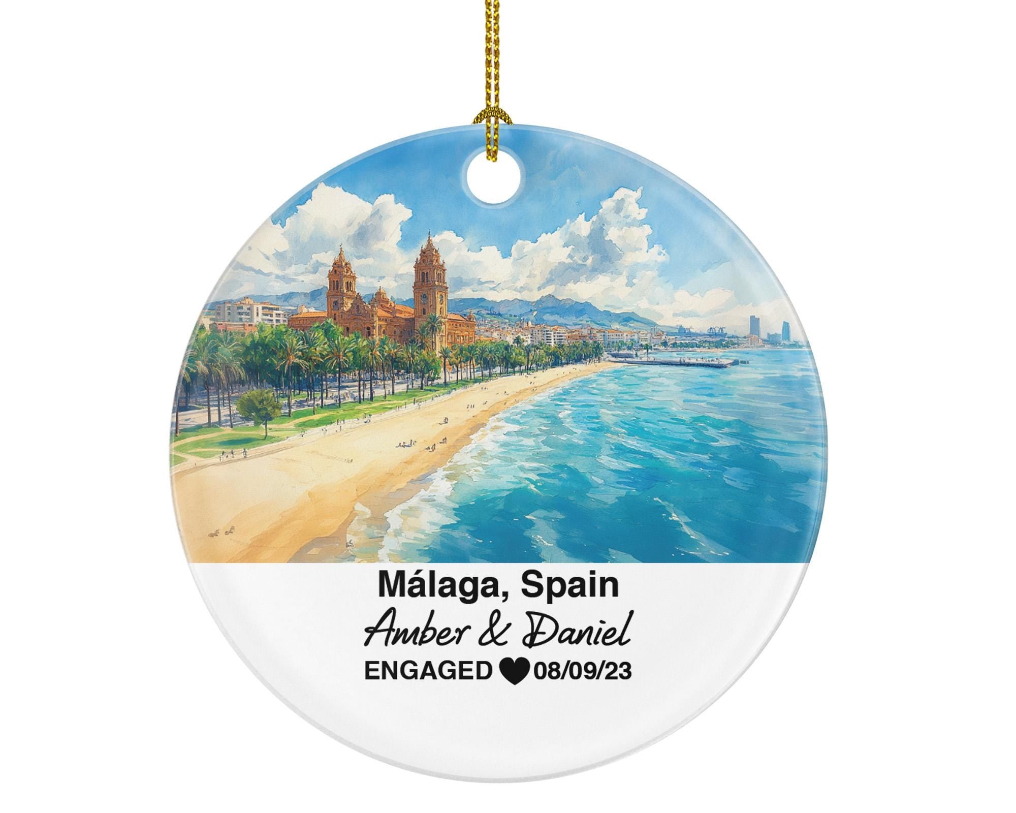 Málaga Spain Round Ceramic Christmas Ornament – Personalized Holiday Keepsake, Custom Couple Gift for Wedding or Honeymoon