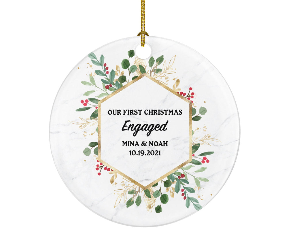 Our First Christmas Engaged Personalized Ornament - Engagement Announcement Couple Gift - Greenery Frame