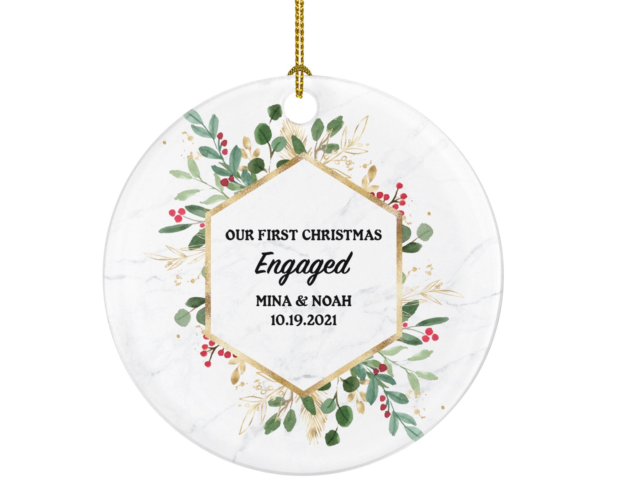 Our First Christmas Engaged Personalized Ornament - Engagement Announcement Couple Gift - Greenery Frame