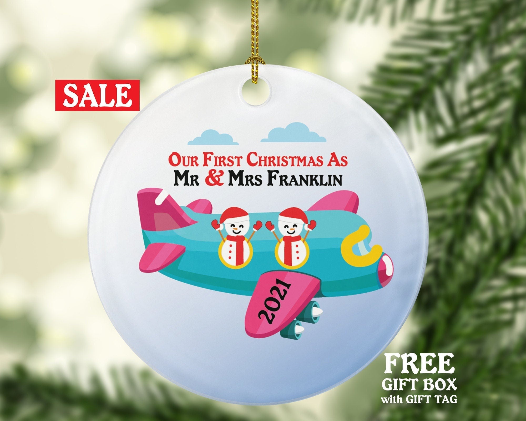 Personalized First Christmas As Mr & Mrs Airplane Ride Vacation Christmas Ornament, Wedding First Married Wedding Gift for Newlywed