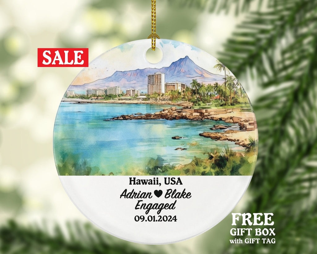 Hawaii Christmas Ornament Personalized - HI Engaged Married Family Together Couple Travel Honeymoon Engagement Marriage