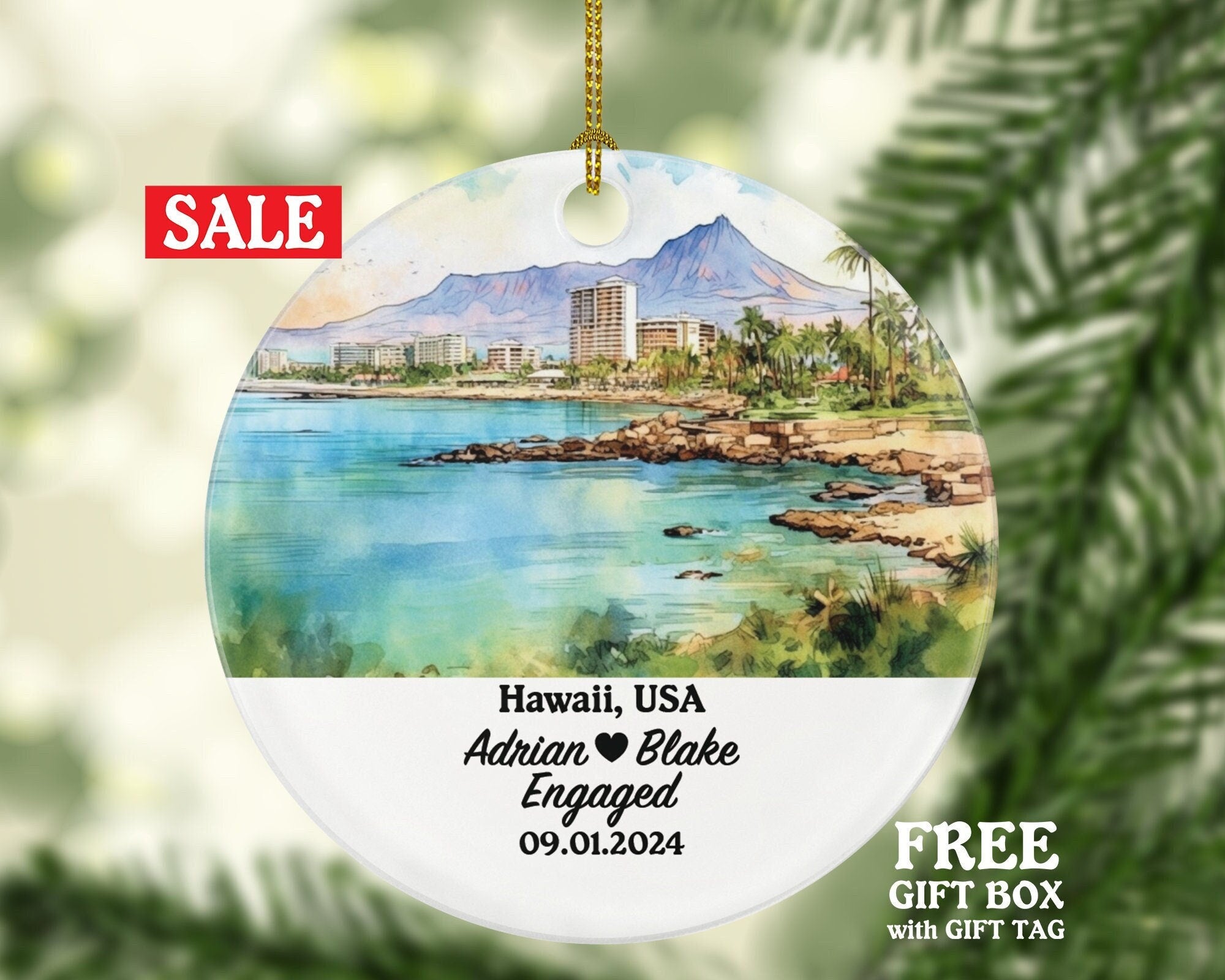 Hawaii Christmas Ornament Personalized - HI Engaged Married Family Together Couple Travel Honeymoon Engagement Marriage