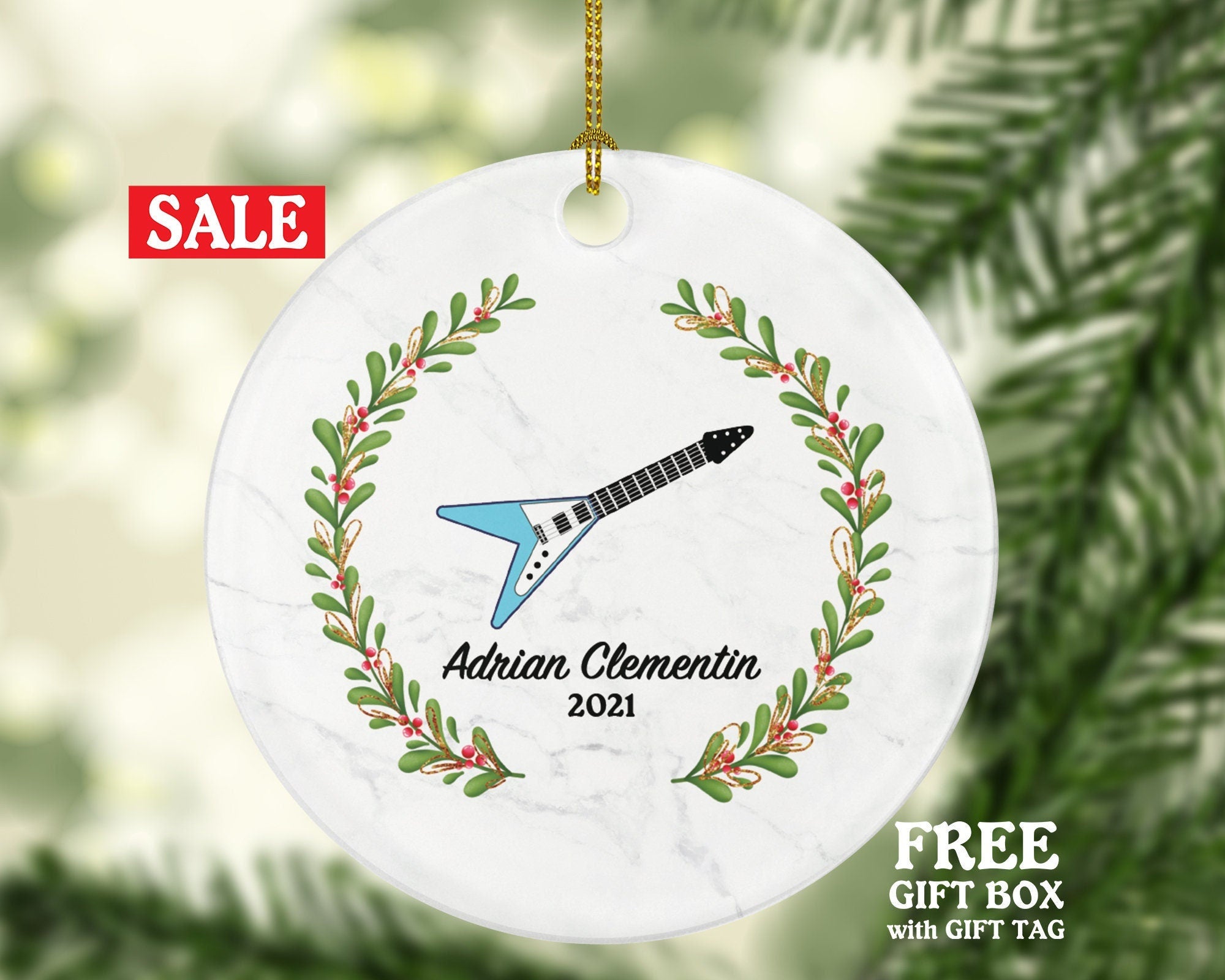 Electric Guitar Christmas Ornament Personalized - Musical Instrument Guitarist Playing Guitar Gift for Guitarist - Custom Name Year