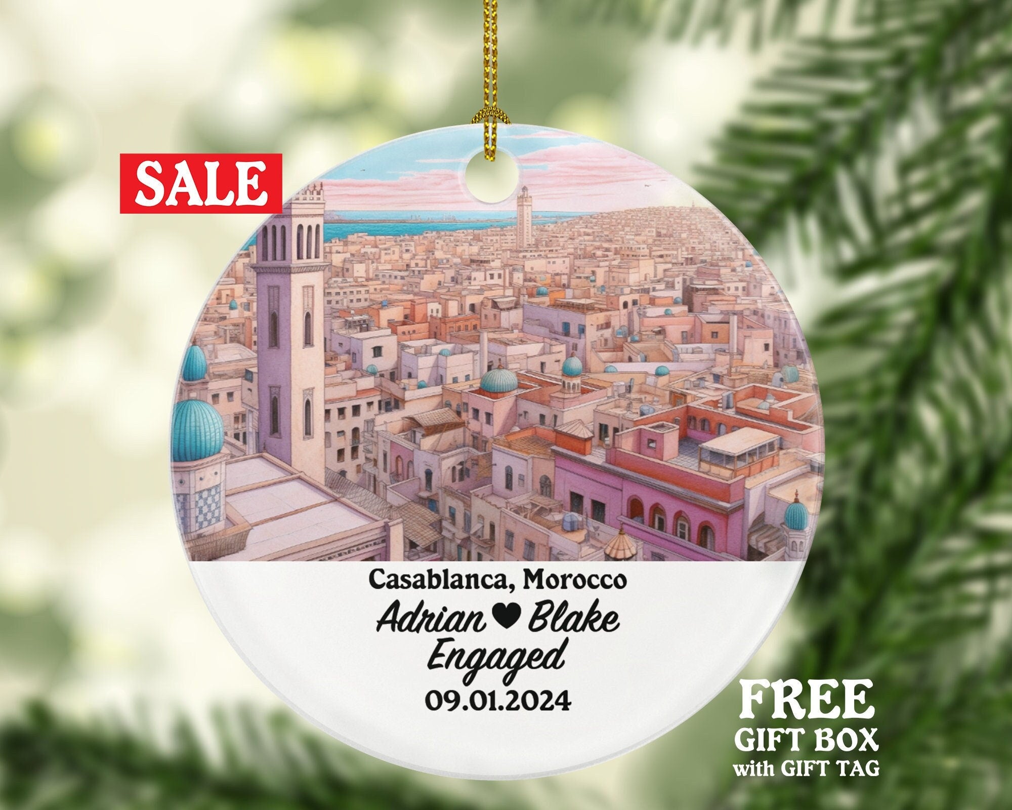Casablanca Christmas Ornament Personalized - Morocco Engaged Married Family Together Couple Travel Honeymoon Engagement Marriage