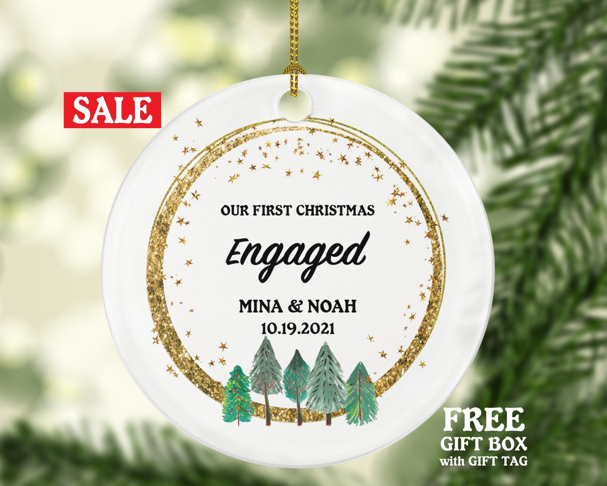 Our First Christmas Engaged Personalized Ornament - Engagement Announcement Couple Gift