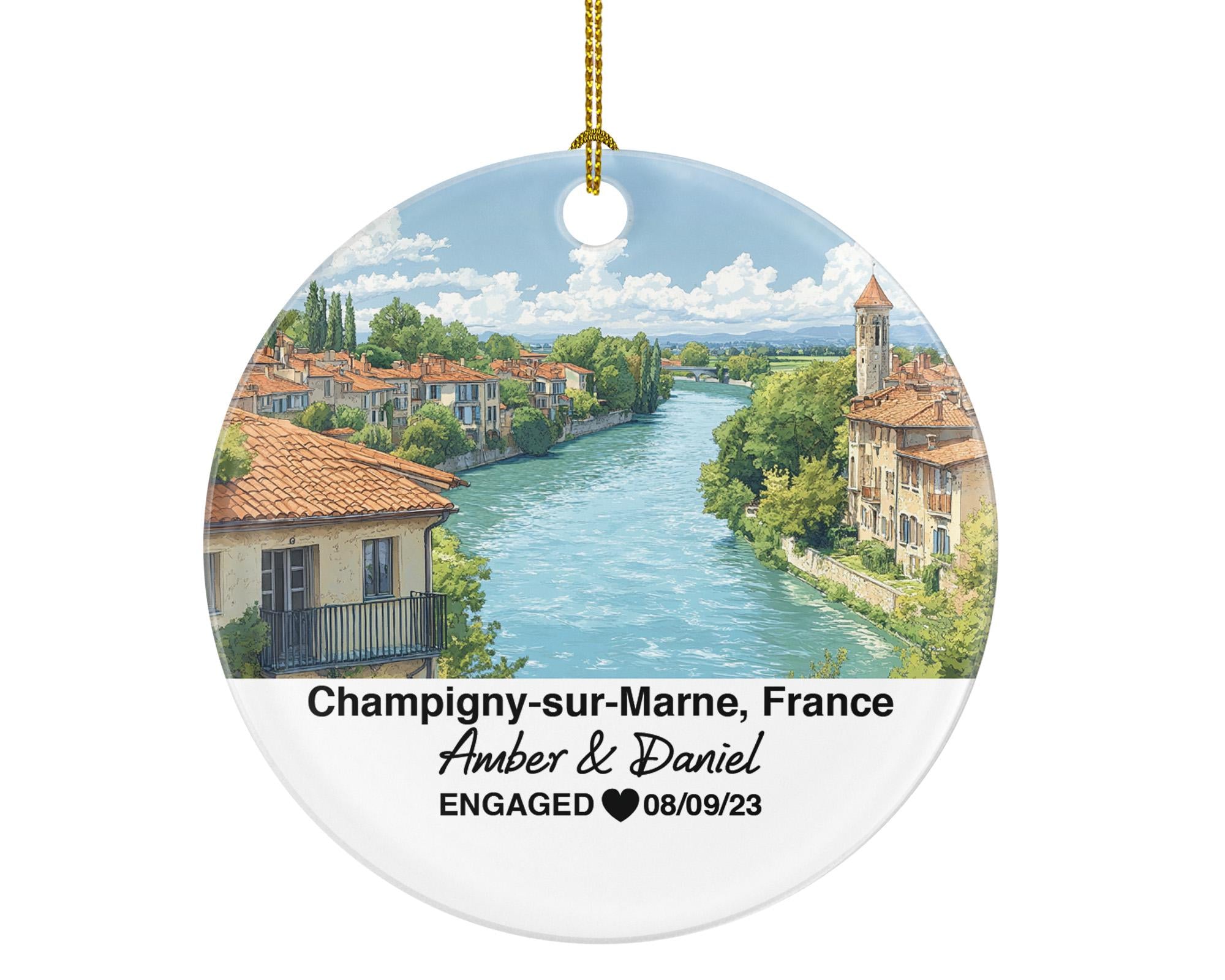 Personalized Champigny-sur-Marne France Christmas Ornament, Marne River, Mr & Mrs Wedding, Engagement, or Honeymoon Keepsake for Couples