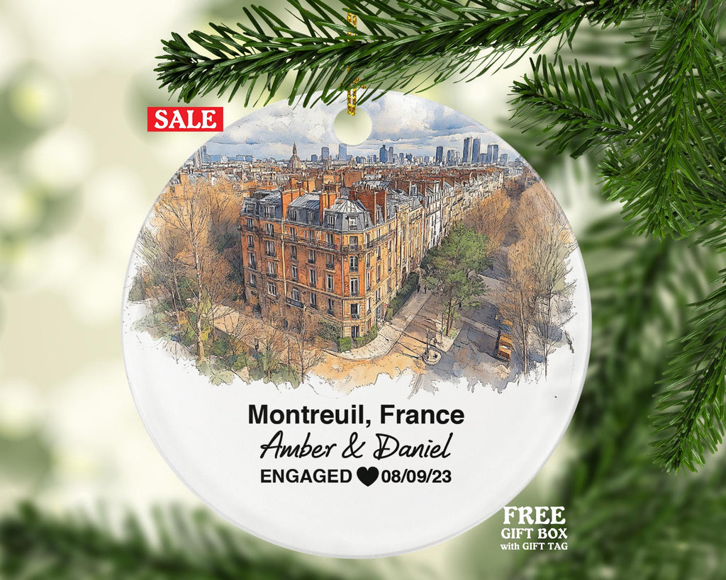 Personalized Montreuil France Christmas Ornament, Historic Architecture, Vibrant Markets, Mr & Mrs Wedding, Engagement, or Honeymoon Keepsake for Couples
