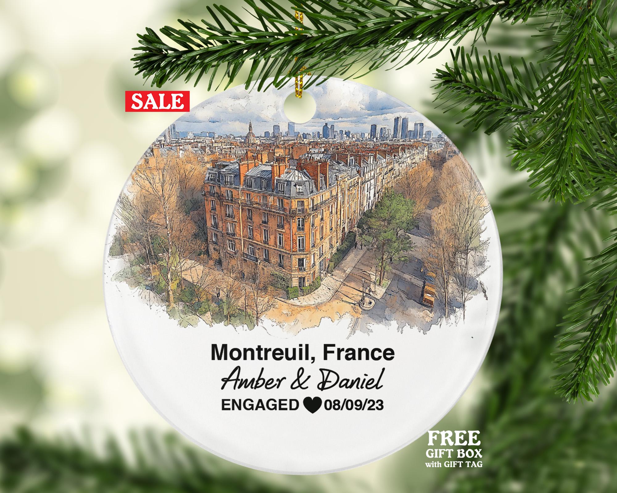 Personalized Montreuil France Christmas Ornament, Historic Architecture, Vibrant Markets, Mr & Mrs Wedding, Engagement, or Honeymoon Keepsake for Couples