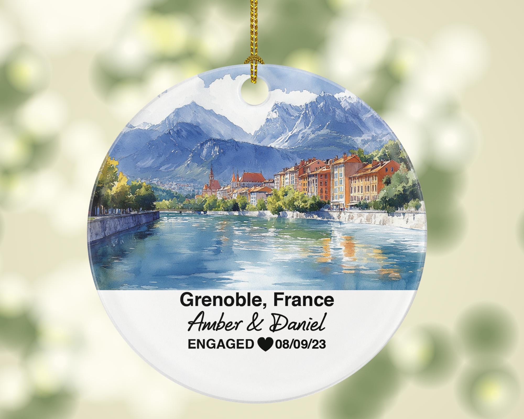 Personalized Grenoble France Christmas Ornament, Bastille Fortress, Isère River, Mr & Mrs Wedding, Engagement, or Honeymoon Keepsake