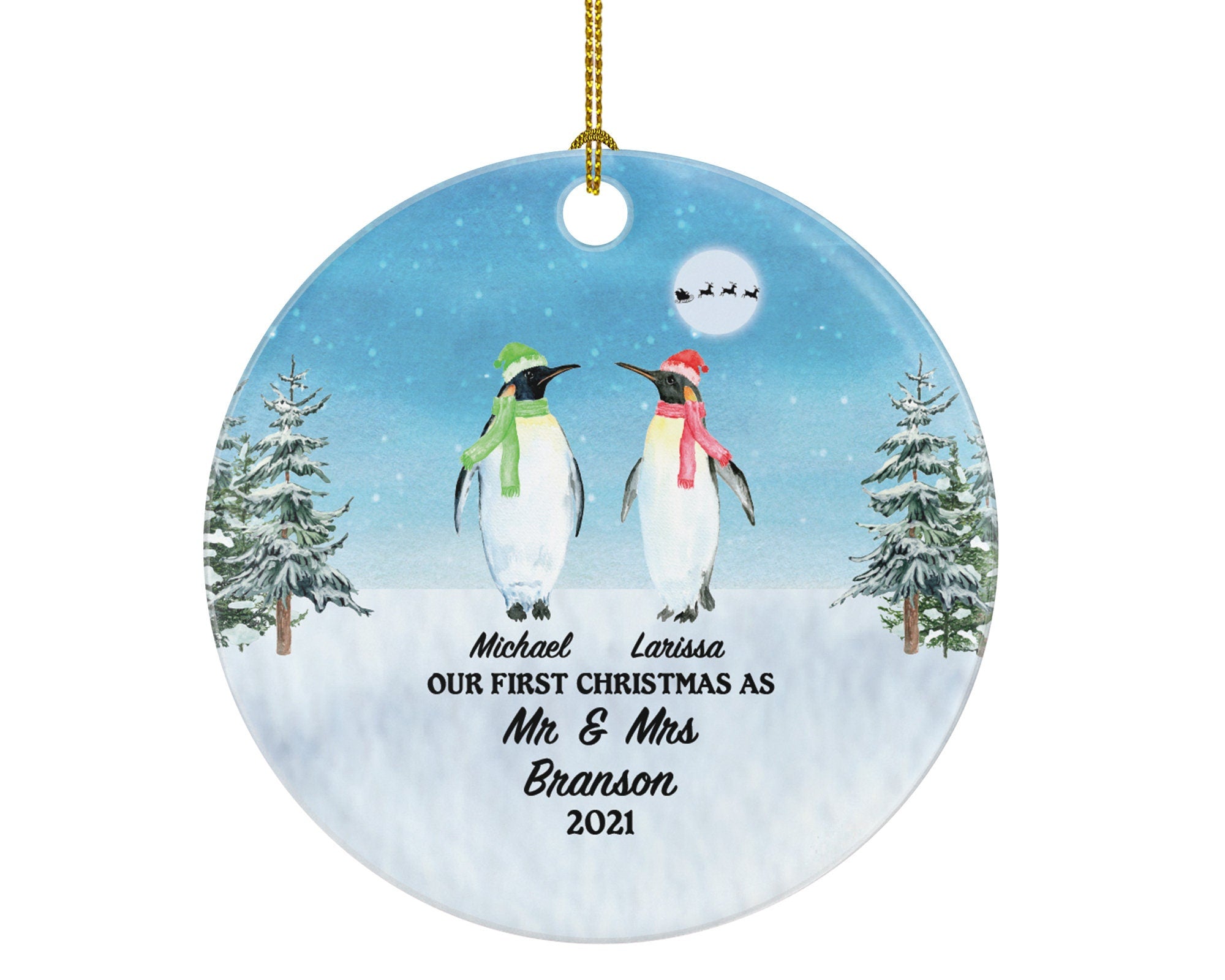 First Christmas as Mr & Mrs Wedding Personalized Ornament - Just Married Newlywed Custom Mr. and Mrs. Marriage - Penguin Couple Gift