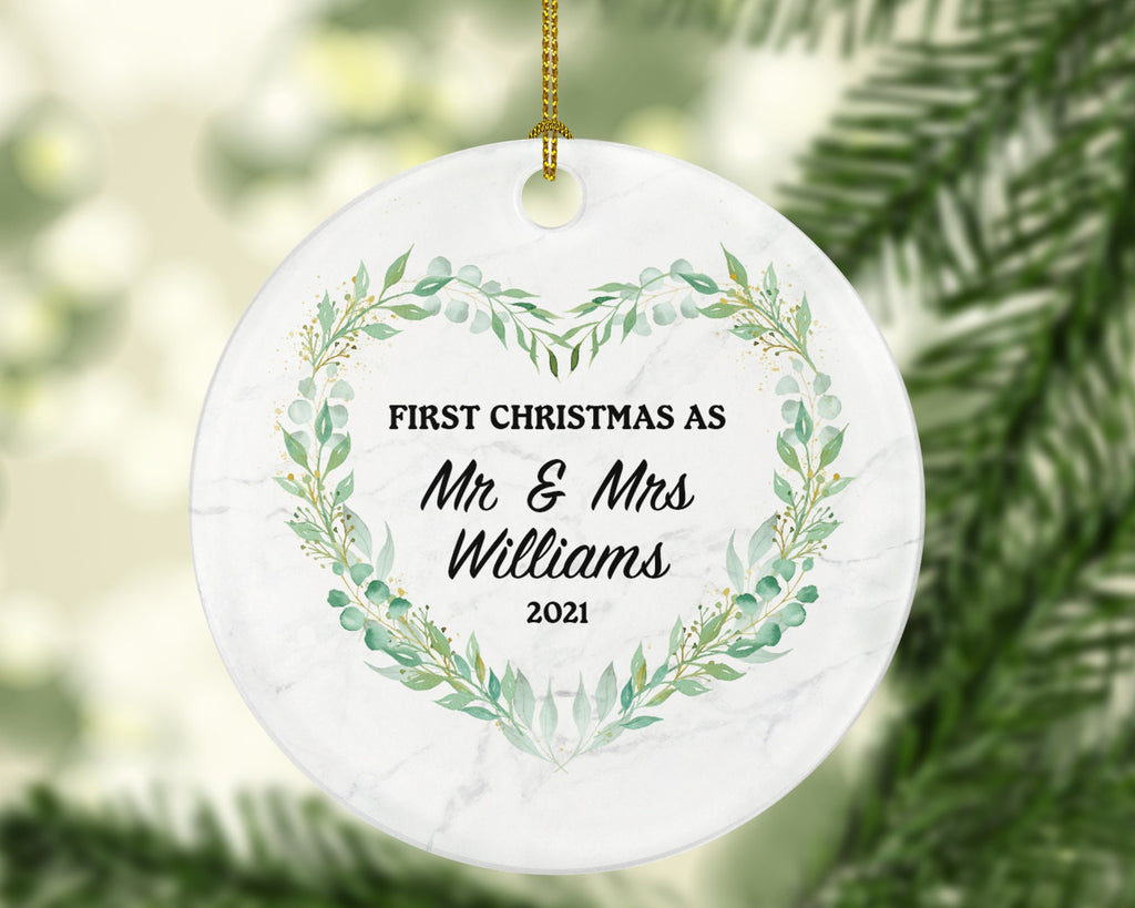 Our First Christmas as Mr & Mrs Married Couple Christmas Ornament Personalized - Newlywed Christmas First Custom Gift - Greenery Heart