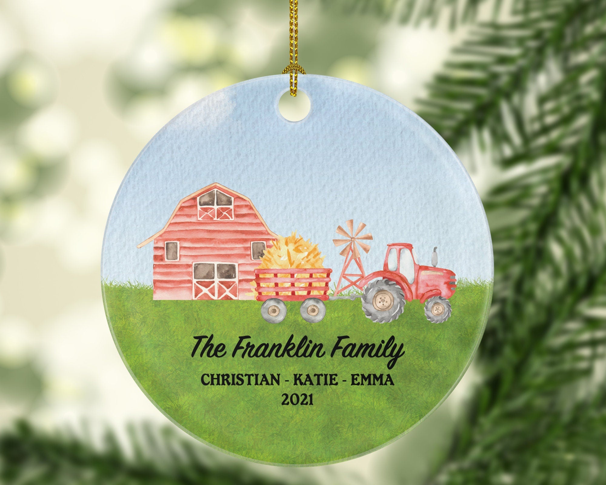 Christmas Red Tractor Barn Farmer Family Ornament Farmhouse Decor Personalized Gift Farmer Home Kids Custom Names Watercolor Ornament Farm