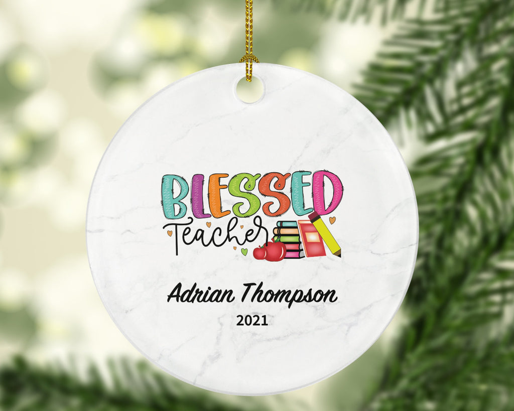 Teacher Ornament Personalized - Blessed Teacher Custom Gift Apple Books Pencil from Student Appreciation Mr Mrs School Graduate Graduation