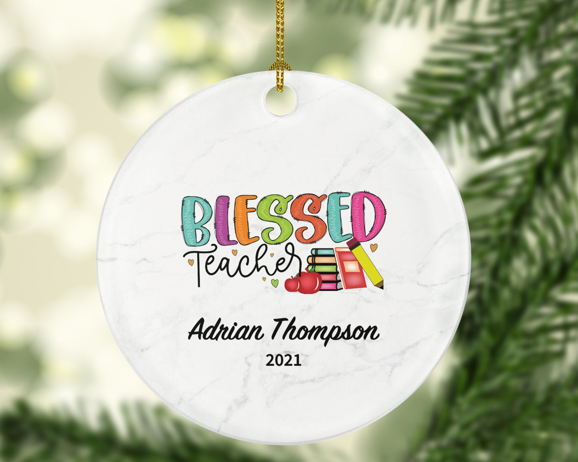 Teacher Ornament Personalized - Blessed Teacher Custom Gift Apple Books Pencil from Student Appreciation Mr Mrs School Graduate Graduation