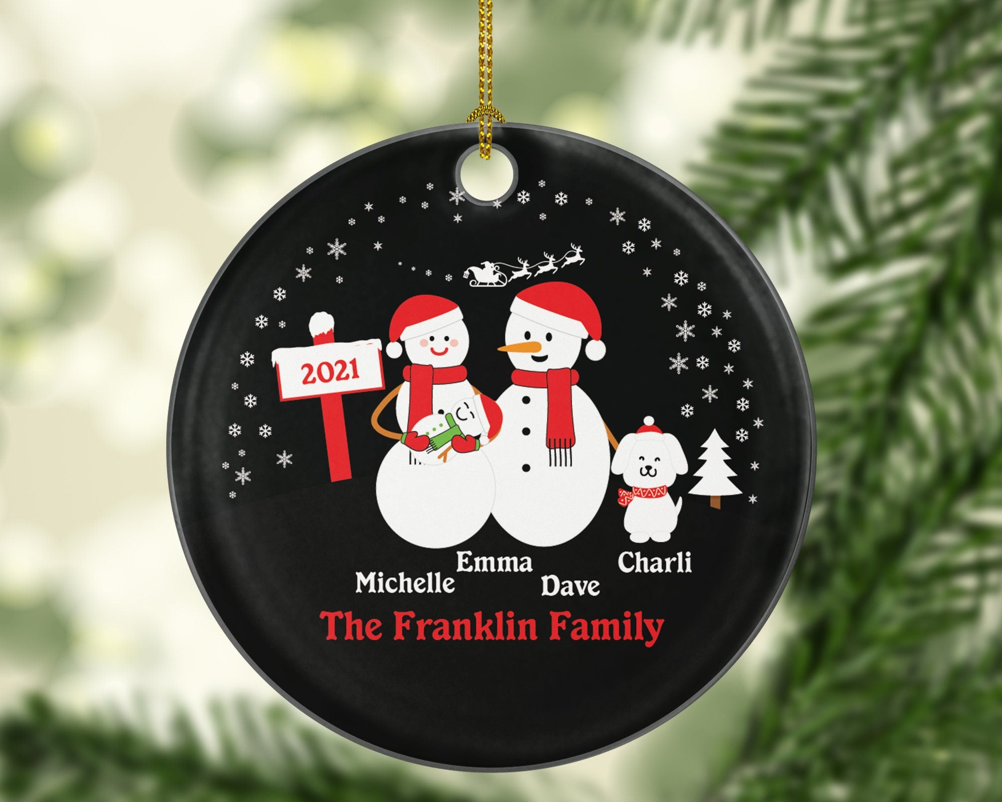 Personalized Family of 3 Ornaments with Dog Pet, Personalized Christmas Ornament, 3 snowmen, Snowman Family, Family of 3, Newborn