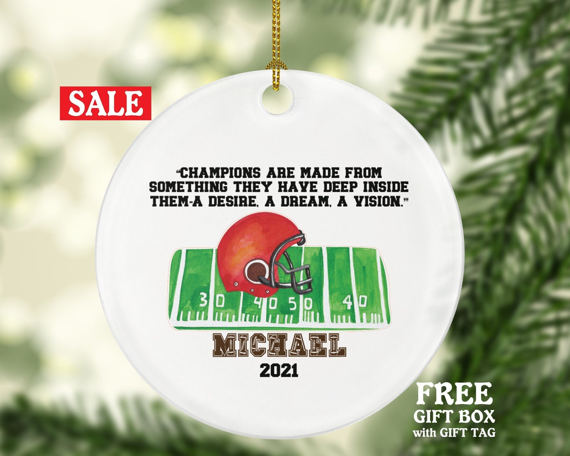 Football Rugby Team Player Gamer Personalized Christmas Ornament - Sports Match Boys Senior Gift Ornament Helmet Field Custom Name