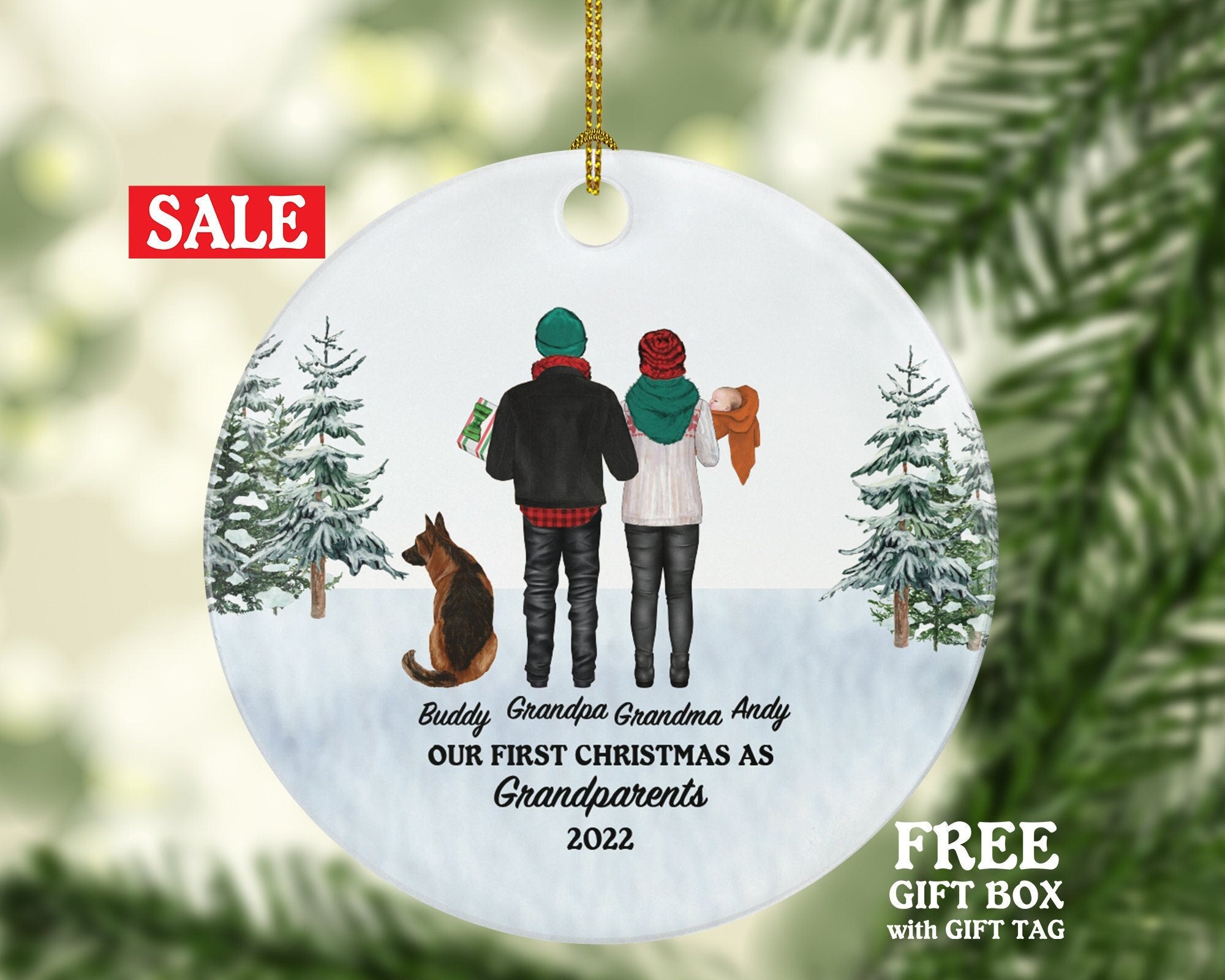Grandparents Baby and Pet Dog Cat First Christmas Personalized Ornament Custom Grandma Grandpa Newborn Infant Lover Owner Holiday Gift