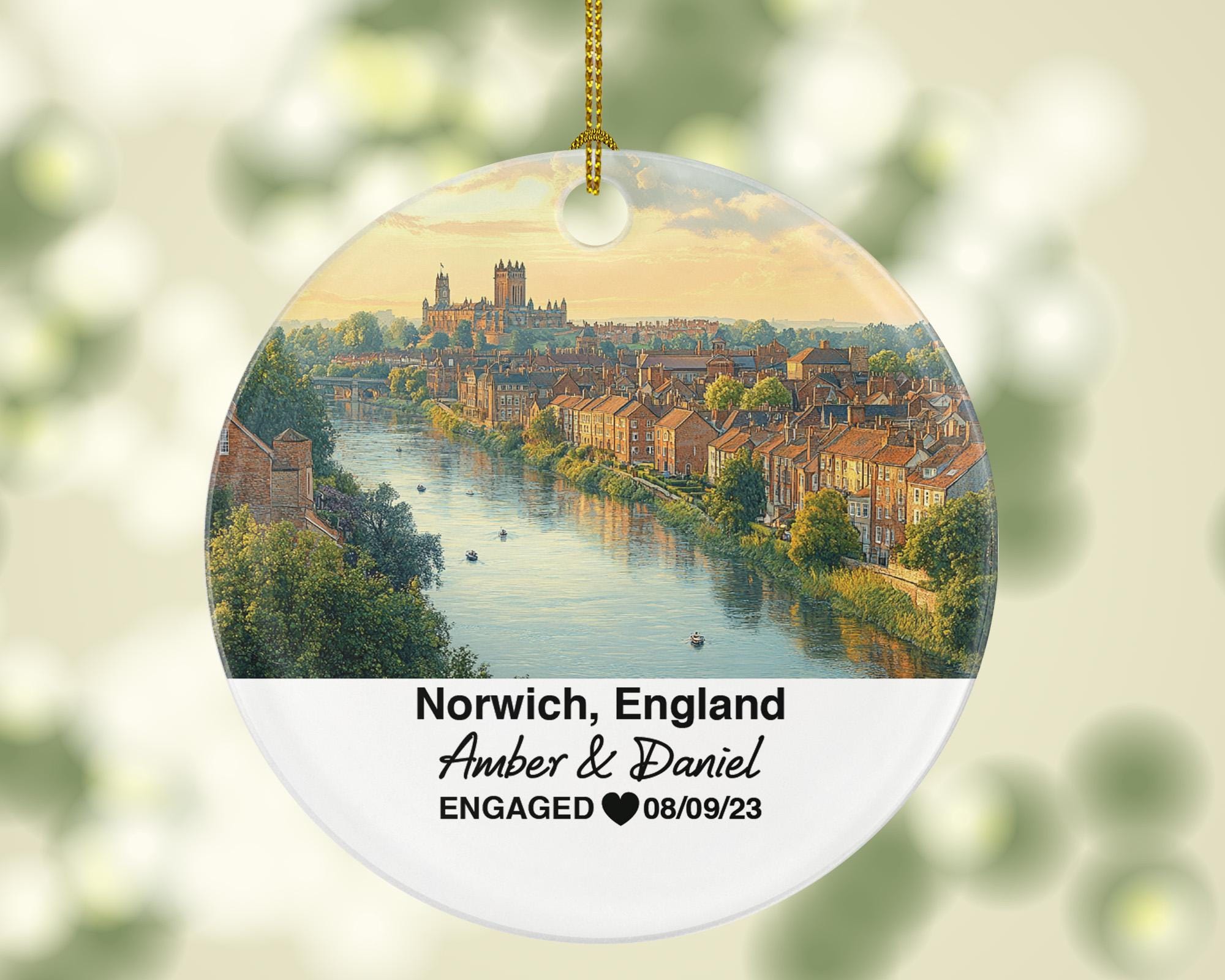 Norwich England Round Ceramic Christmas Ornament – Personalized United Kingdom Keepsake, Custom Couple Gift for Wedding or Honeymoon