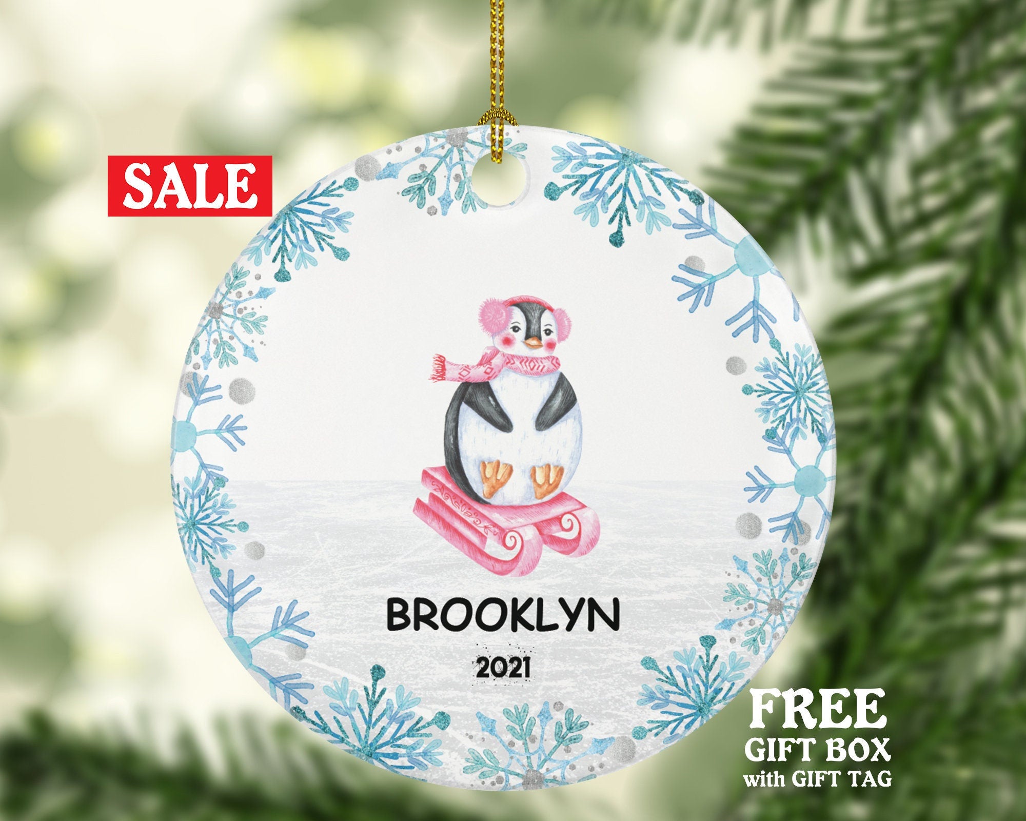 Sledding Christmas Ornament Personalized - Sled Penguin Holiday Winter Activity Sledder Custom Gift