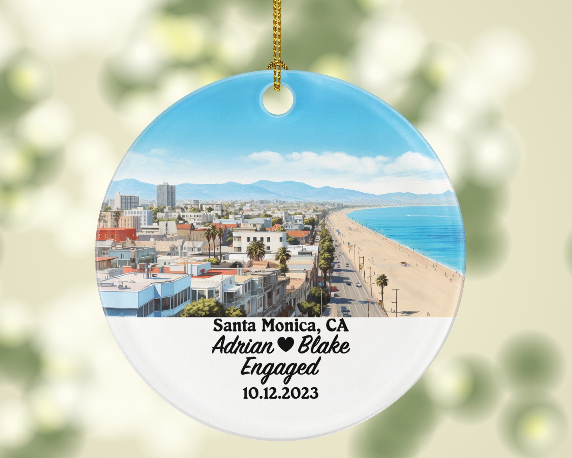 Santa Monica California Christmas Ornament Personalized - CA Engaged Married Family Together Couple Travel Honeymoon Engagement Marriage