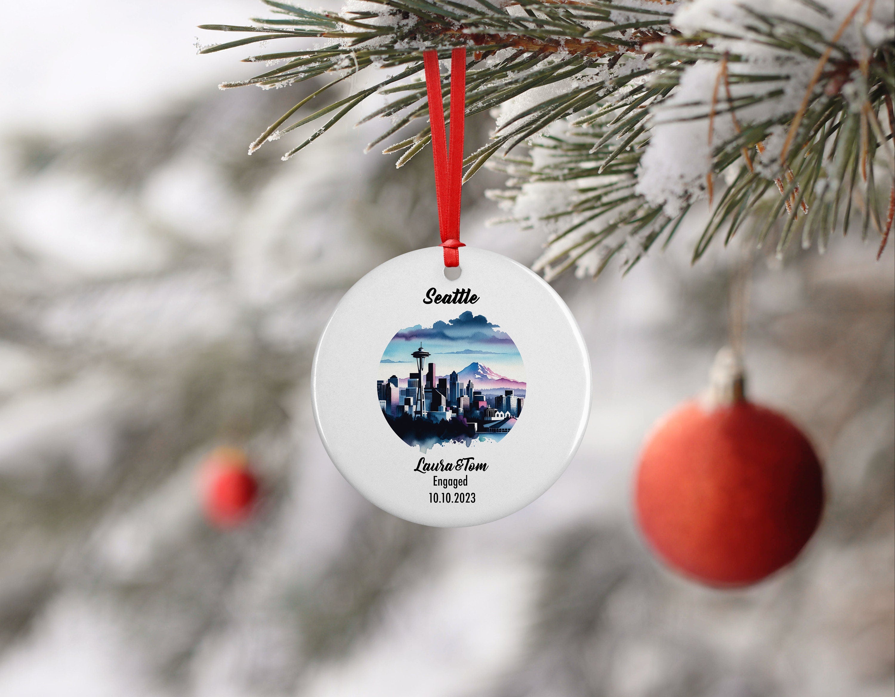 Seattle Ornament, Engagement, Married, Travel, Gift for Engaged Couple, Engagement Gift, Trip, Vacation Souvenir