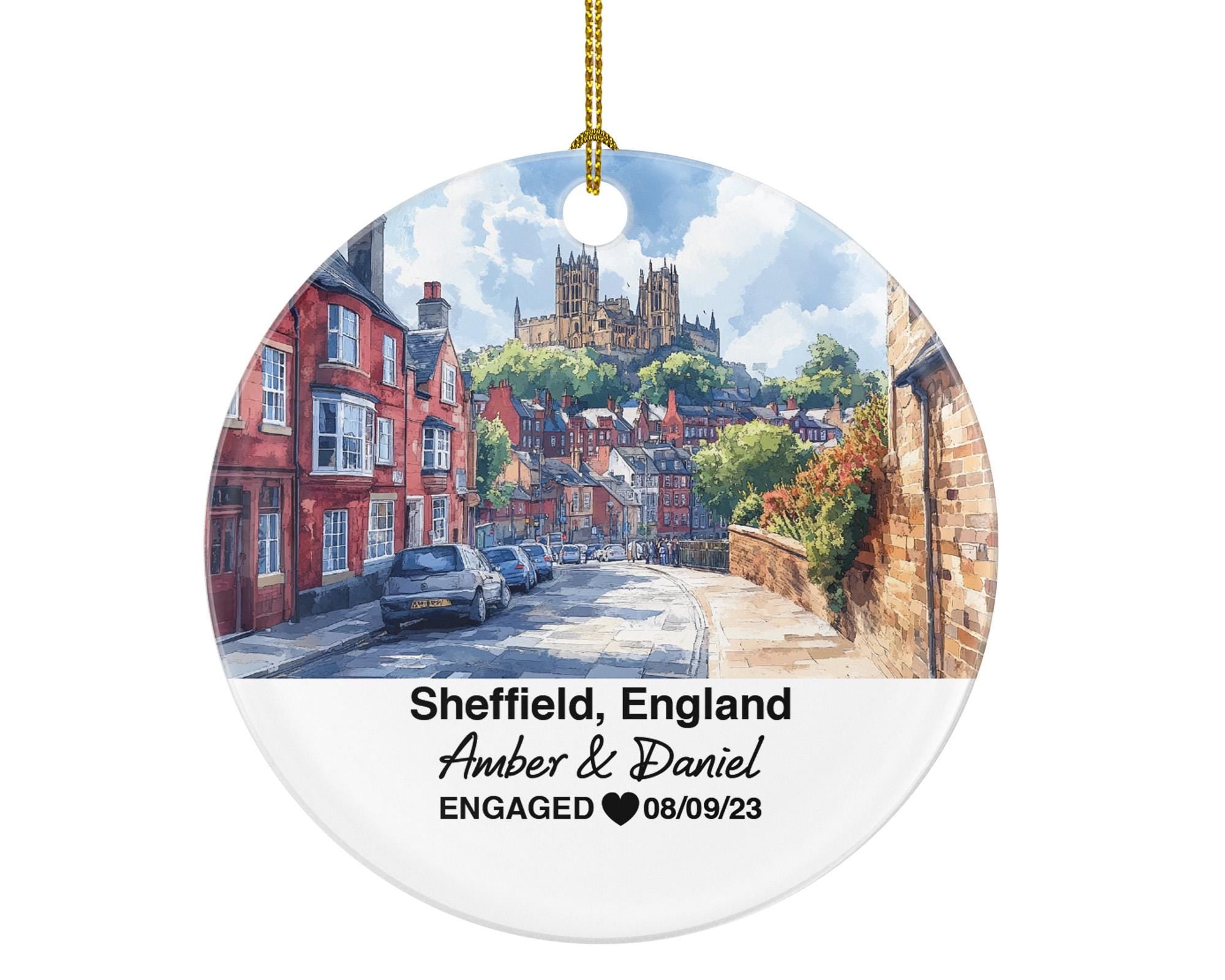 Sheffield England Round Ceramic Christmas Ornament – Personalized United Kingdom Keepsake, Custom Couple Gift for Wedding or Honeymoon