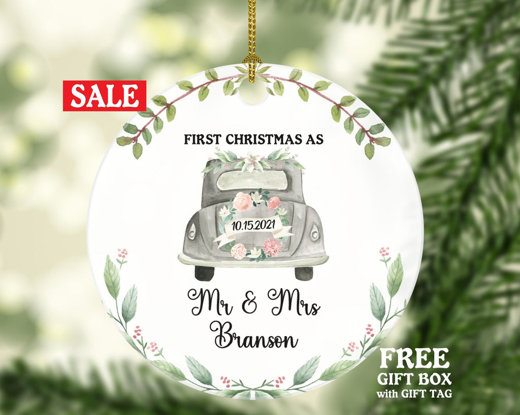 First Christmas as Mr & Mrs Wedding Car Ornament - Personalized Just Married Newlywed Christmas Wedding Mr. and Mrs. Bride Groom Couple Gift