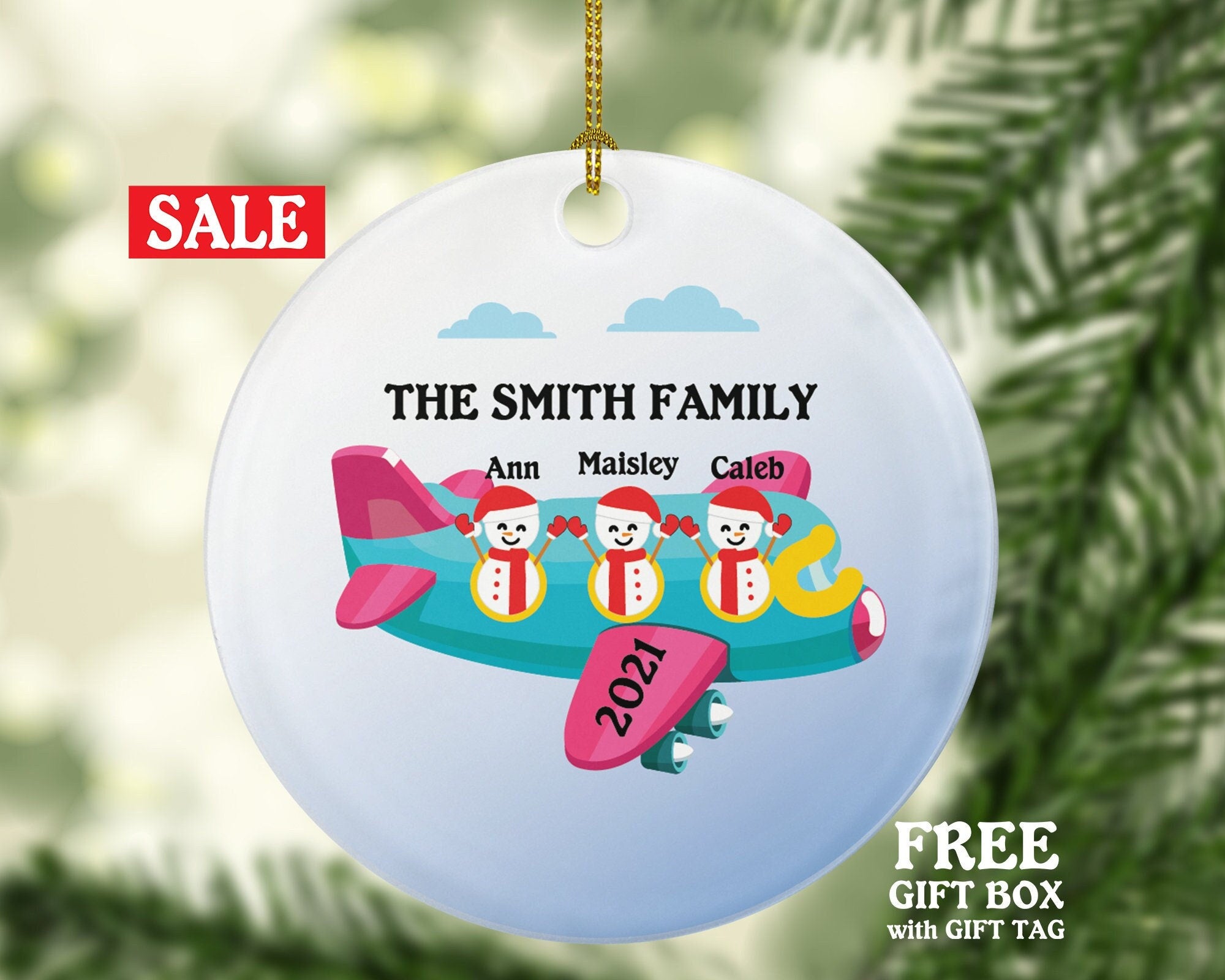 Personalized Christmas Ornament Family Airplane Ride/Family Vacation- Family of 3 Christmas Ornament - Family Travel Ornament