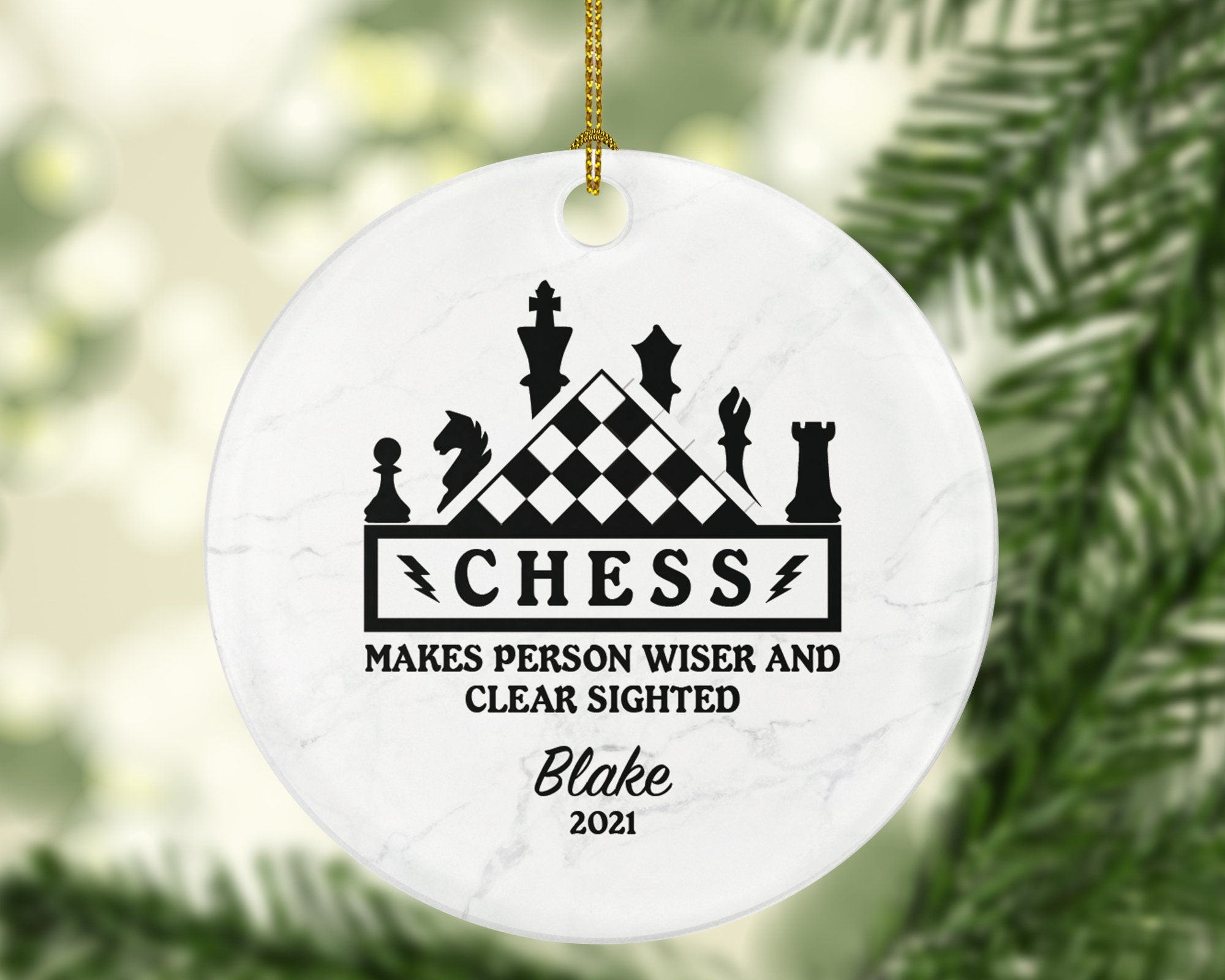 Chess Player Christmas Ornament Personalized, Chess Club Ornament, Chessboard, Gambit, Pawn, Chess Ornament with Quote