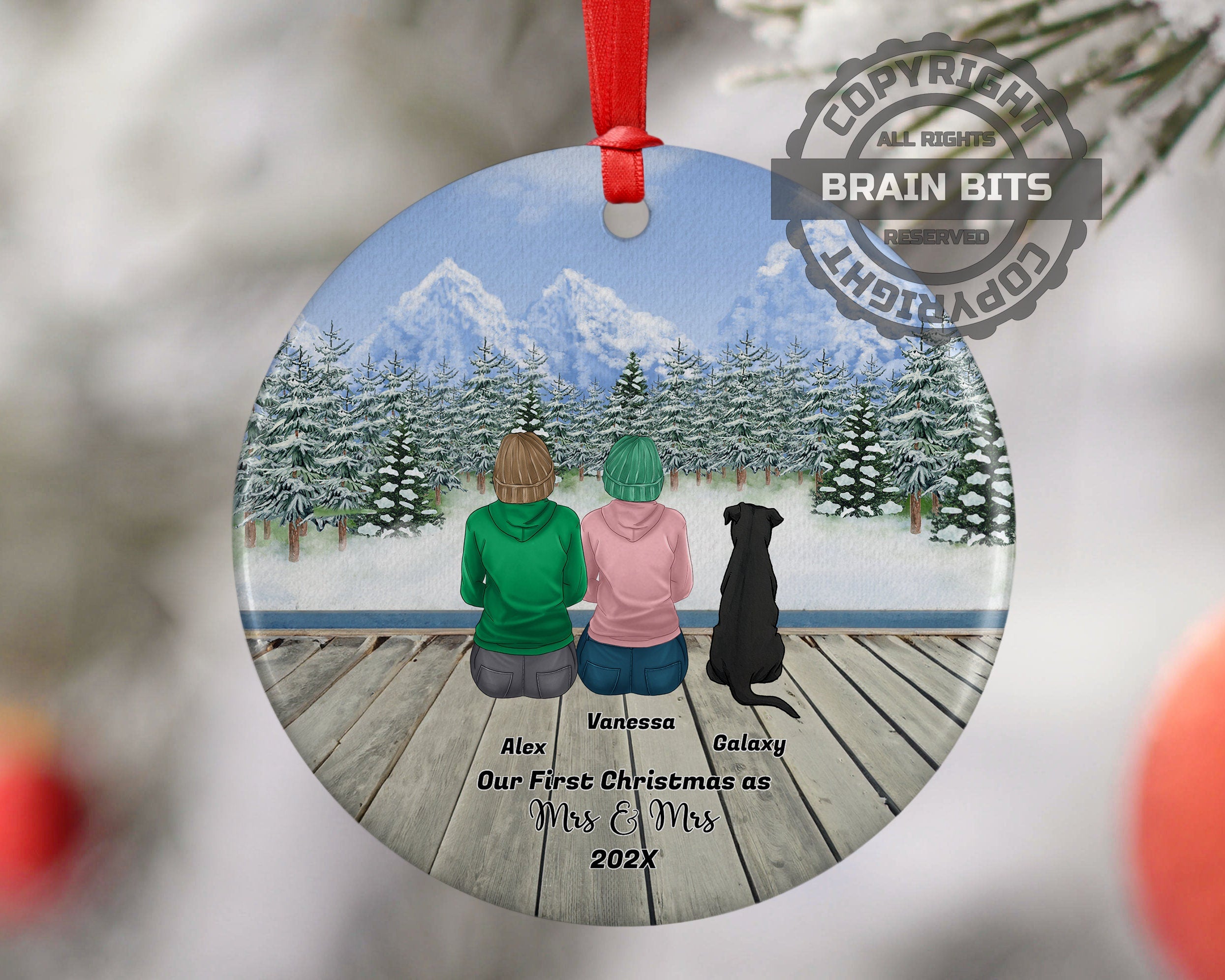 Personalized Mrs&Mrs Lesbian Couple Christmas Ornament Pet Custom Ceramic Keepsake Couples Dog Cat Owners Married Holiday Gift Winter Scene